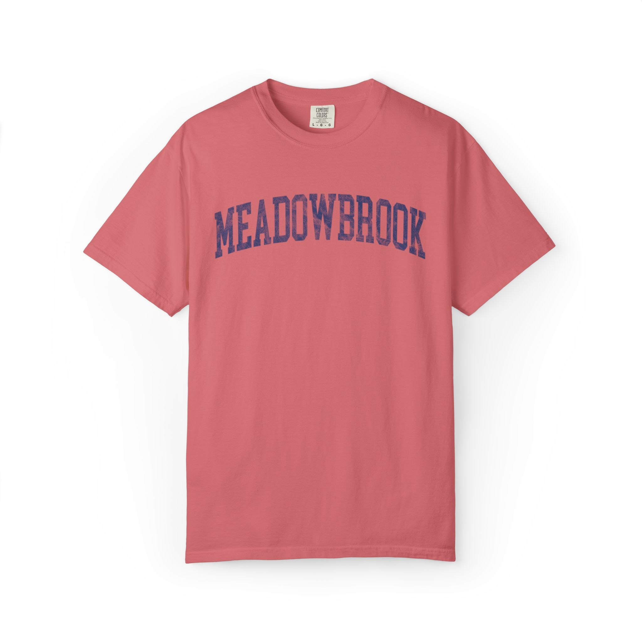 Meadowbrook Garment-Dyed Tee in Strawberry Cloud, front — MEADOWBROOK lettering