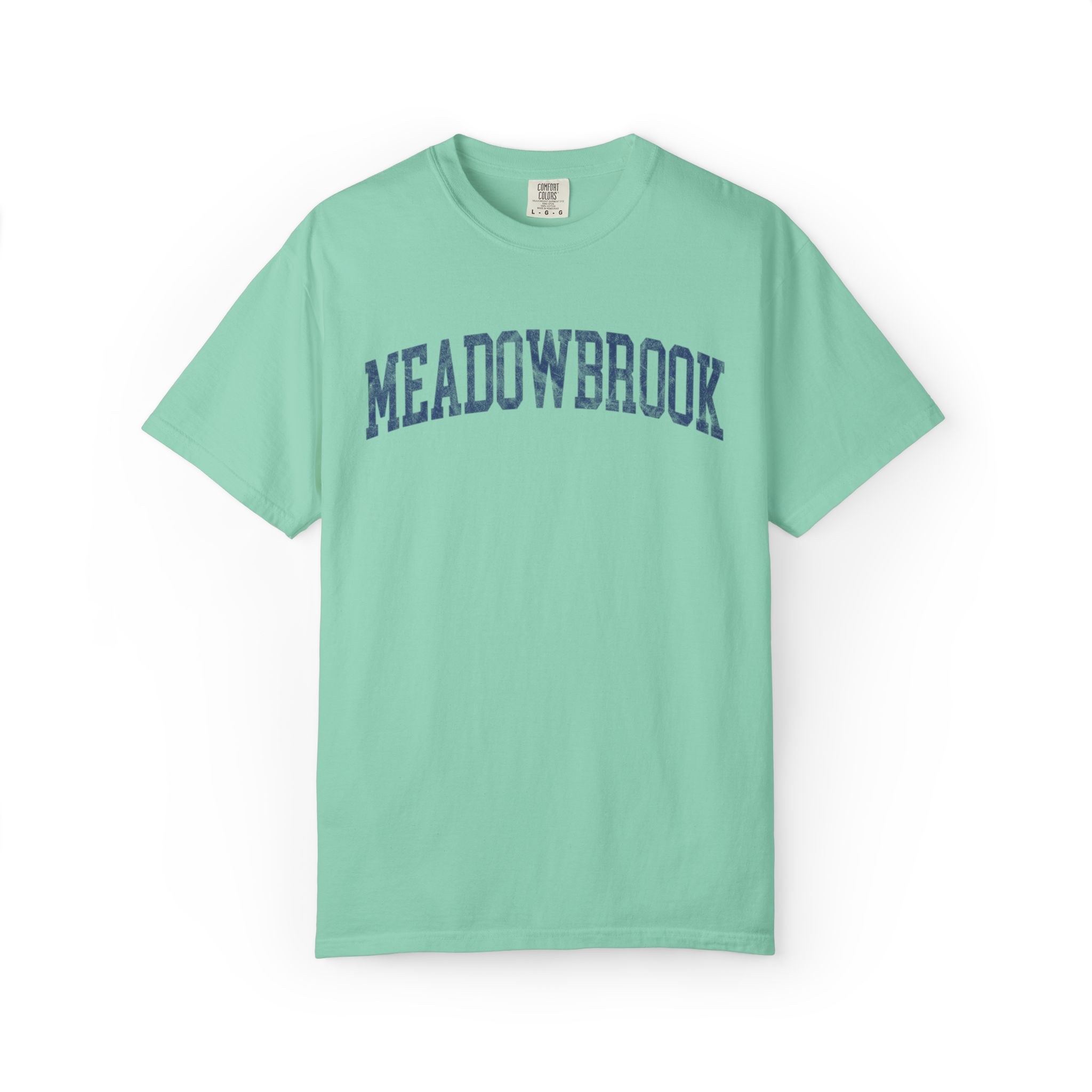 Meadowbrook Garment-Dyed Tee in Teal Good Inc, front — MEADOWBROOK lettering