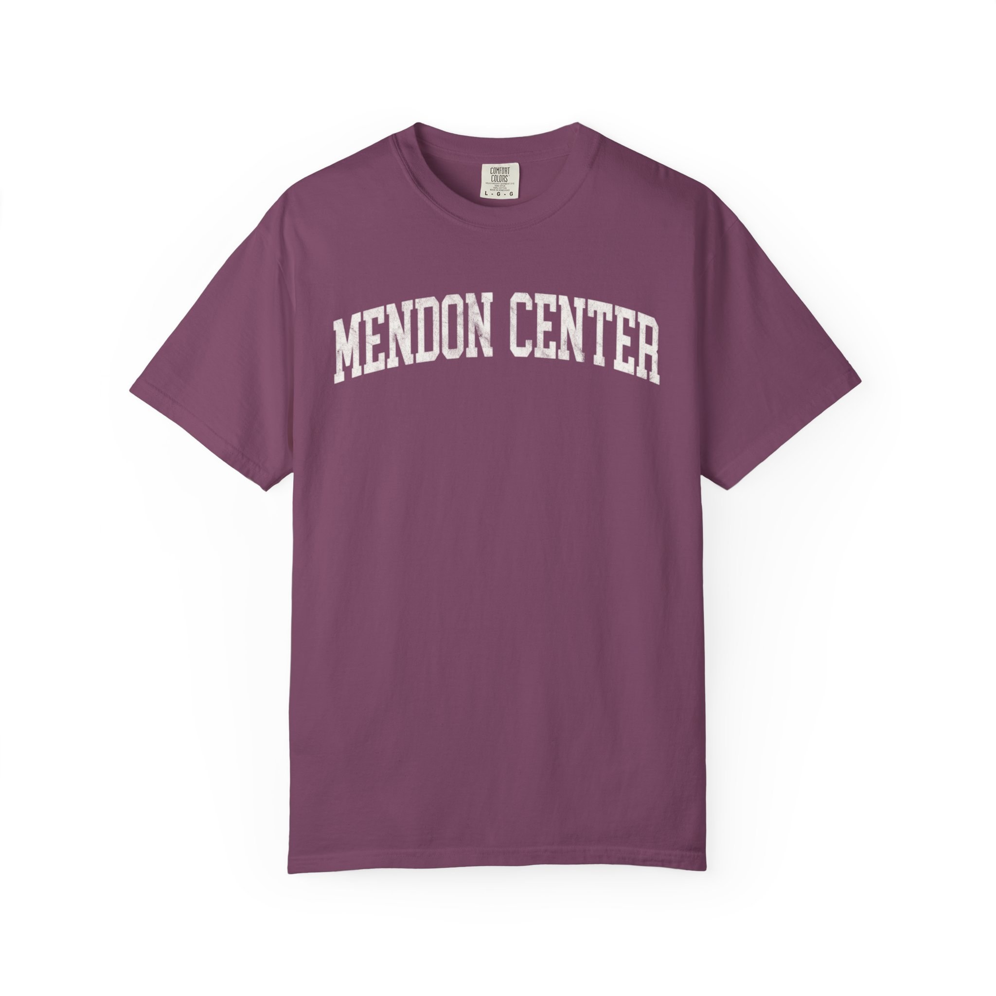 Mendon Center Garment-Dyed Tee in Açai Berry, front — MENDON CENTER lettering