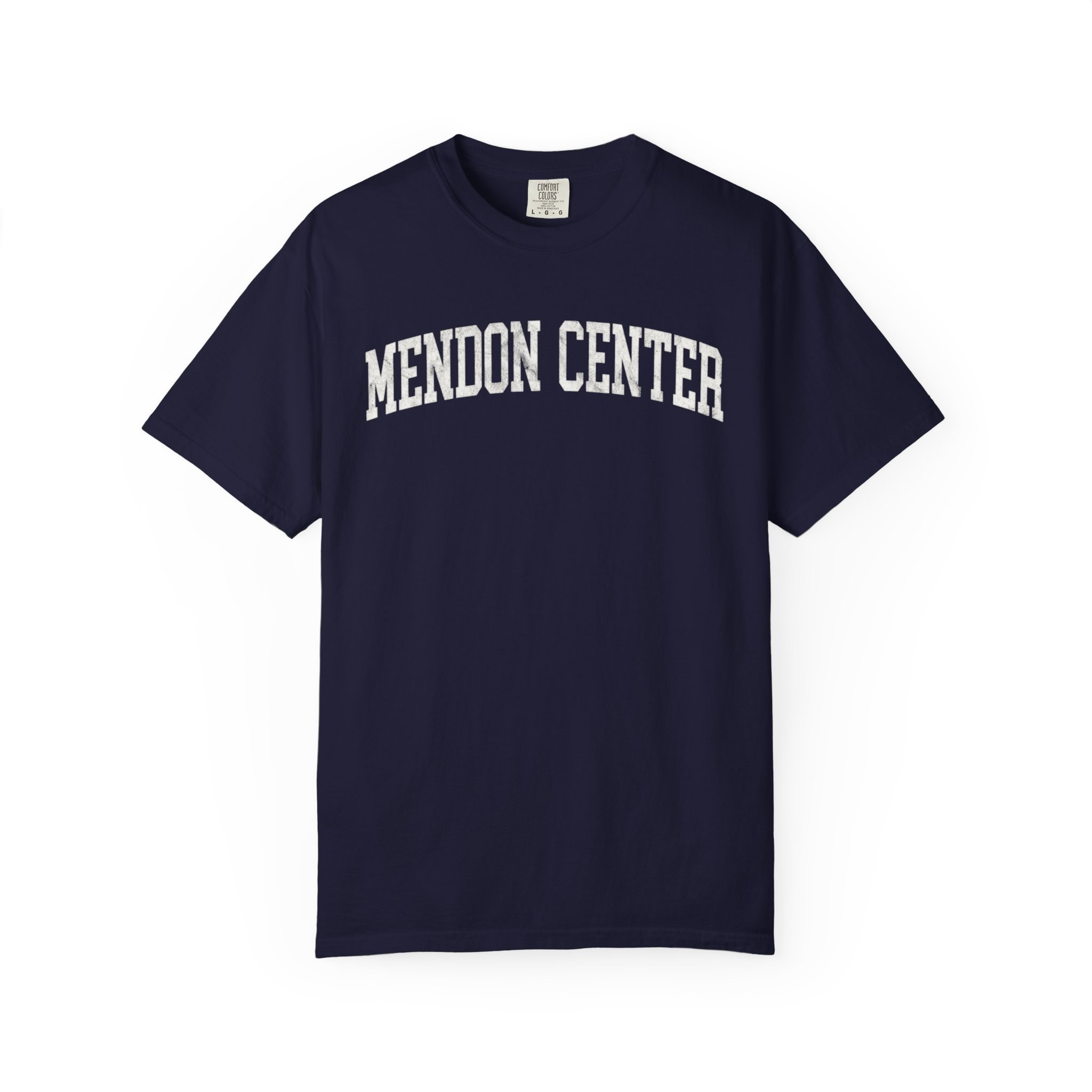 Mendon Center Garment-Dyed Tee in Boathouse Blue, front — MENDON CENTER lettering