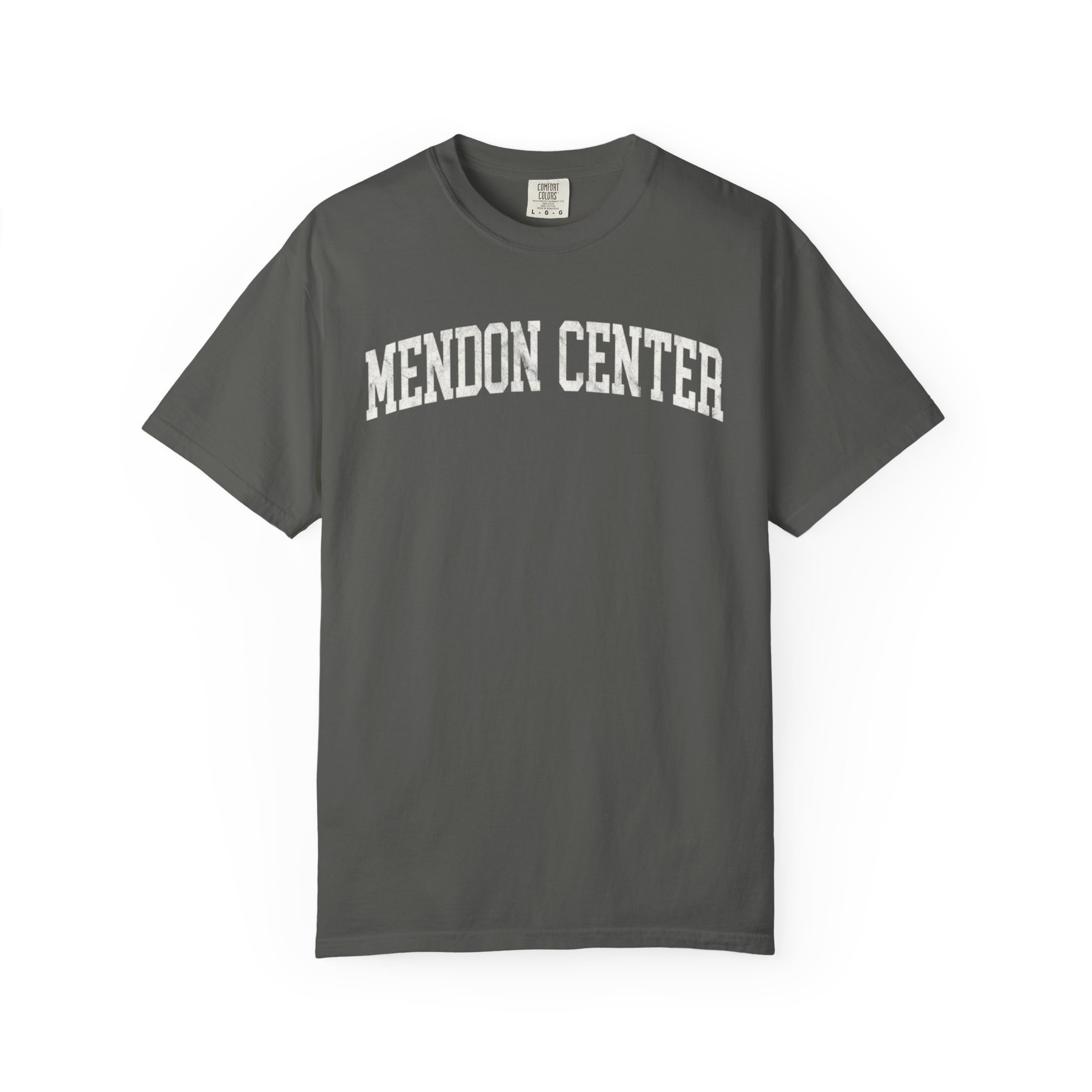 Mendon Center Garment-Dyed Tee in Concrete, front — MENDON CENTER lettering