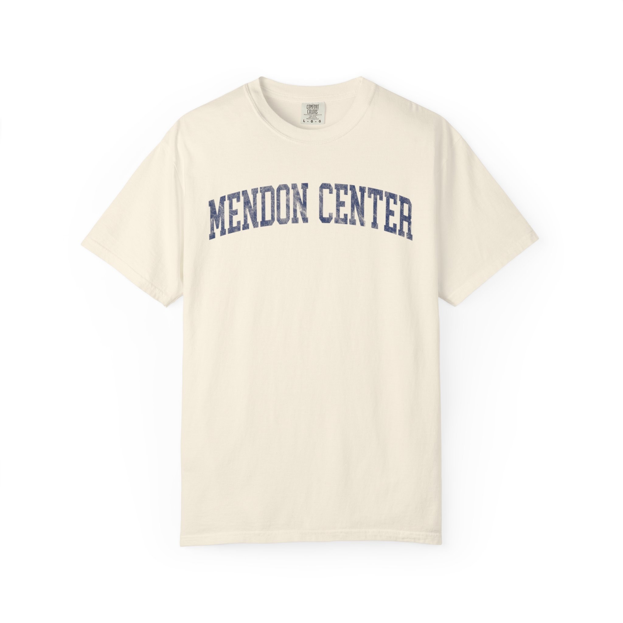 Mendon Center Garment-Dyed Tee in Crème Fraîche, front — MENDON CENTER lettering