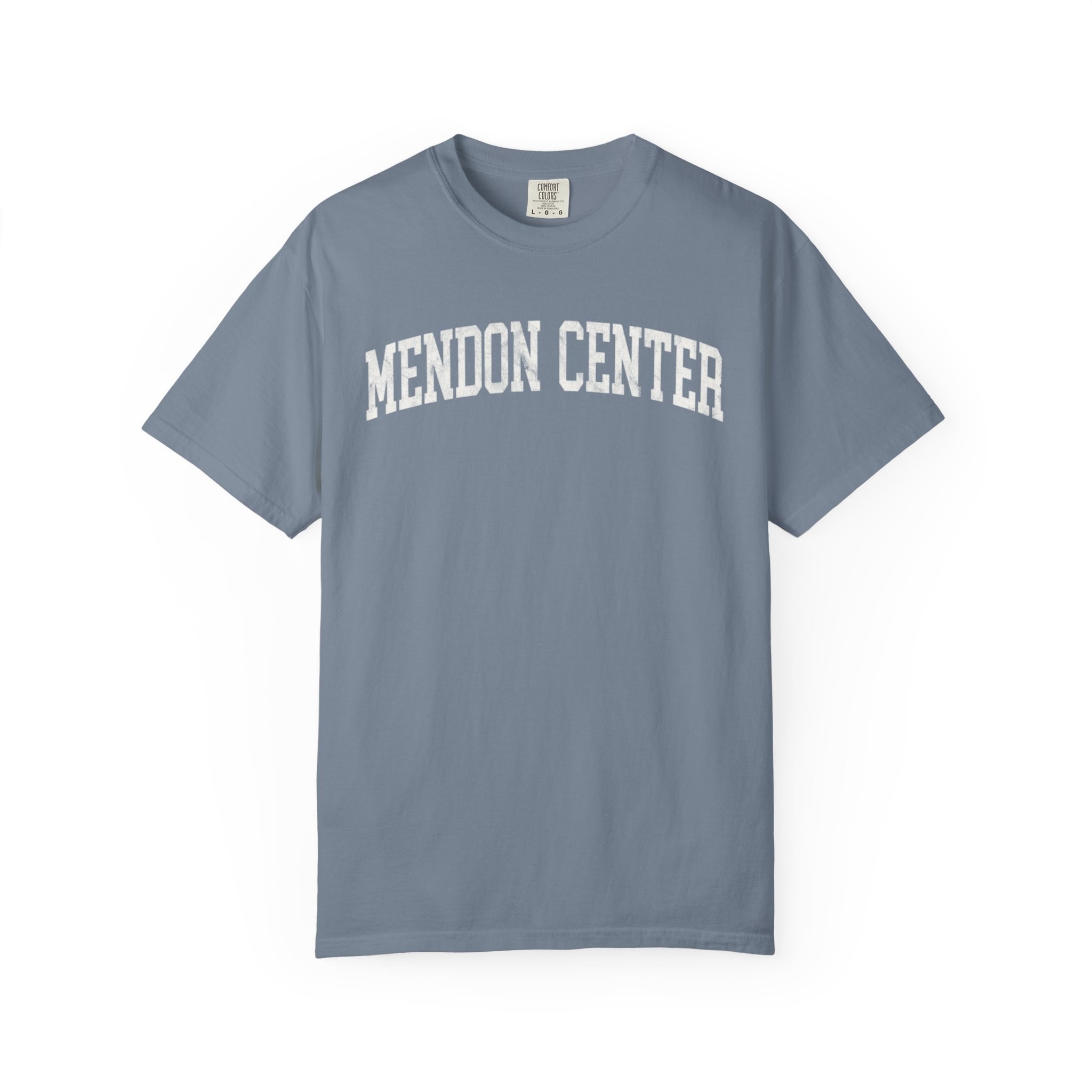 Mendon Center Garment-Dyed Tee in Samantha Blue, front — MENDON CENTER lettering