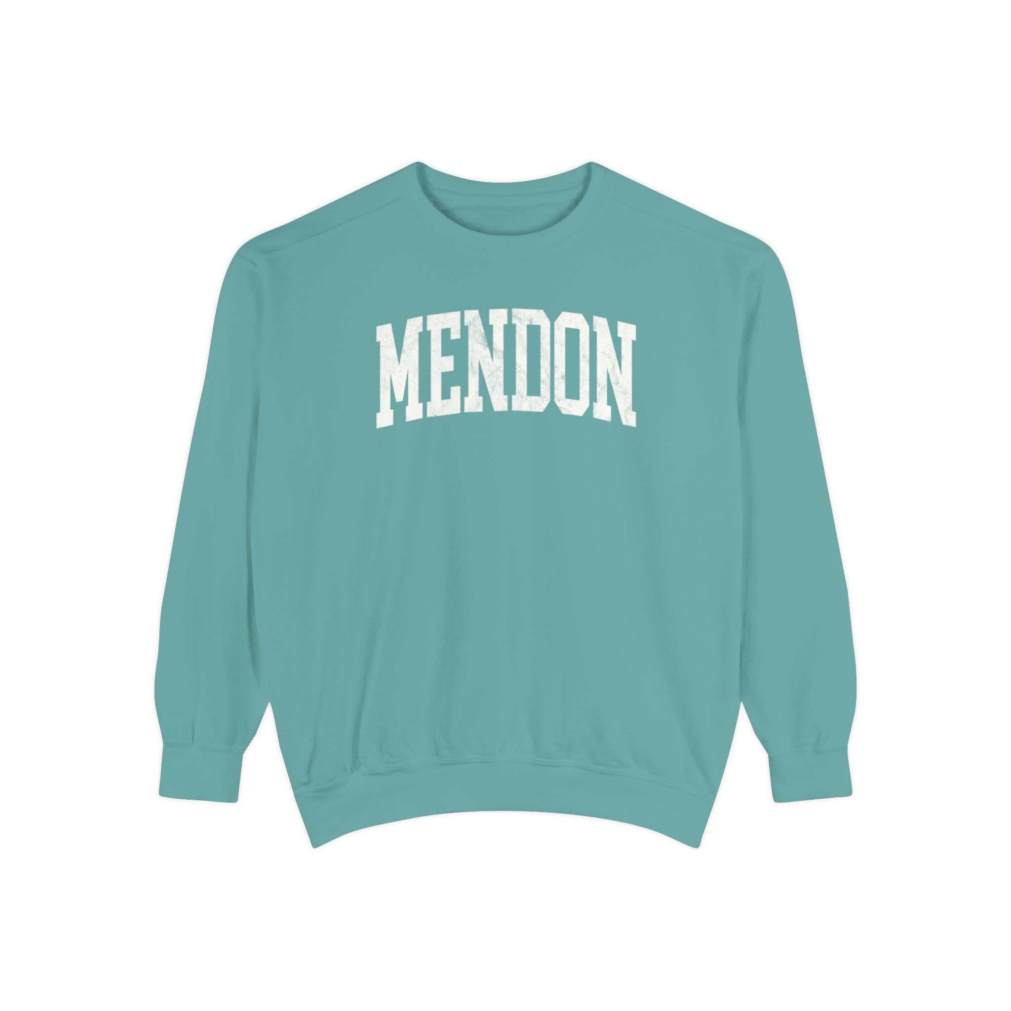 Mendon Garment-Dyed Crewneck in Erie Blue, front — MENDON lettering