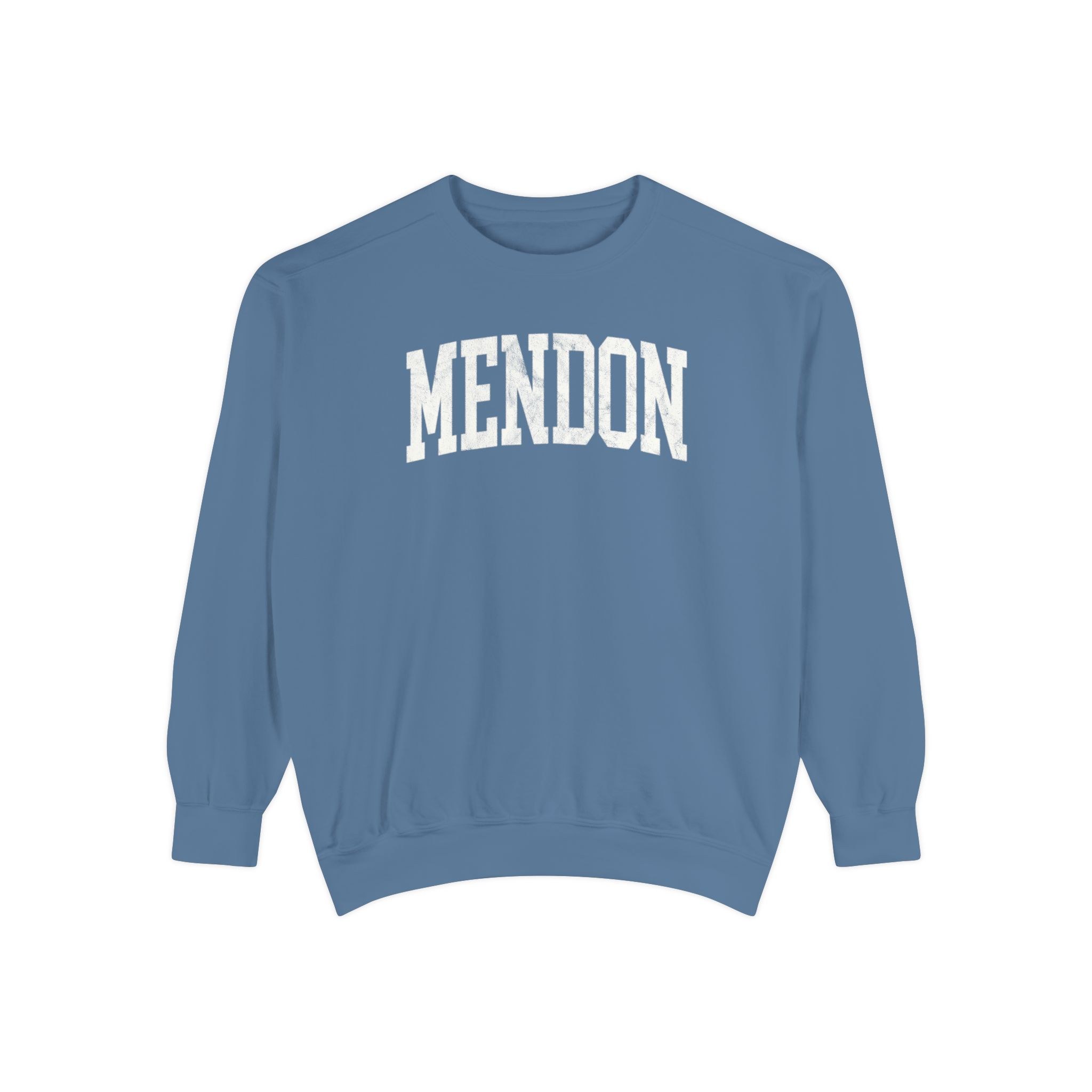 Mendon Garment-Dyed Crewneck in Samantha Blue, front — MENDON lettering