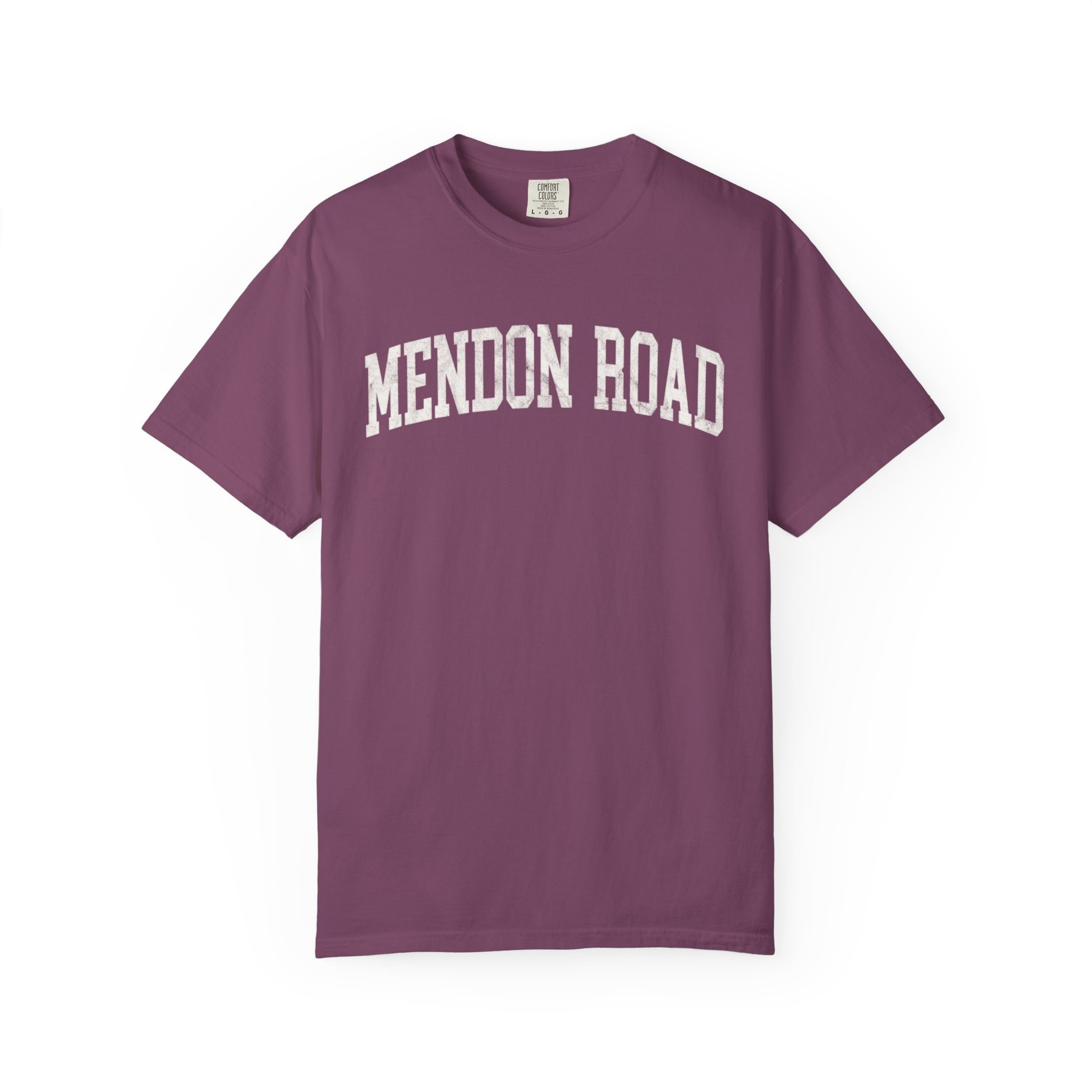 Mendon Road Garment-Dyed Tee in Açai Berry, front — MENDON ROAD lettering