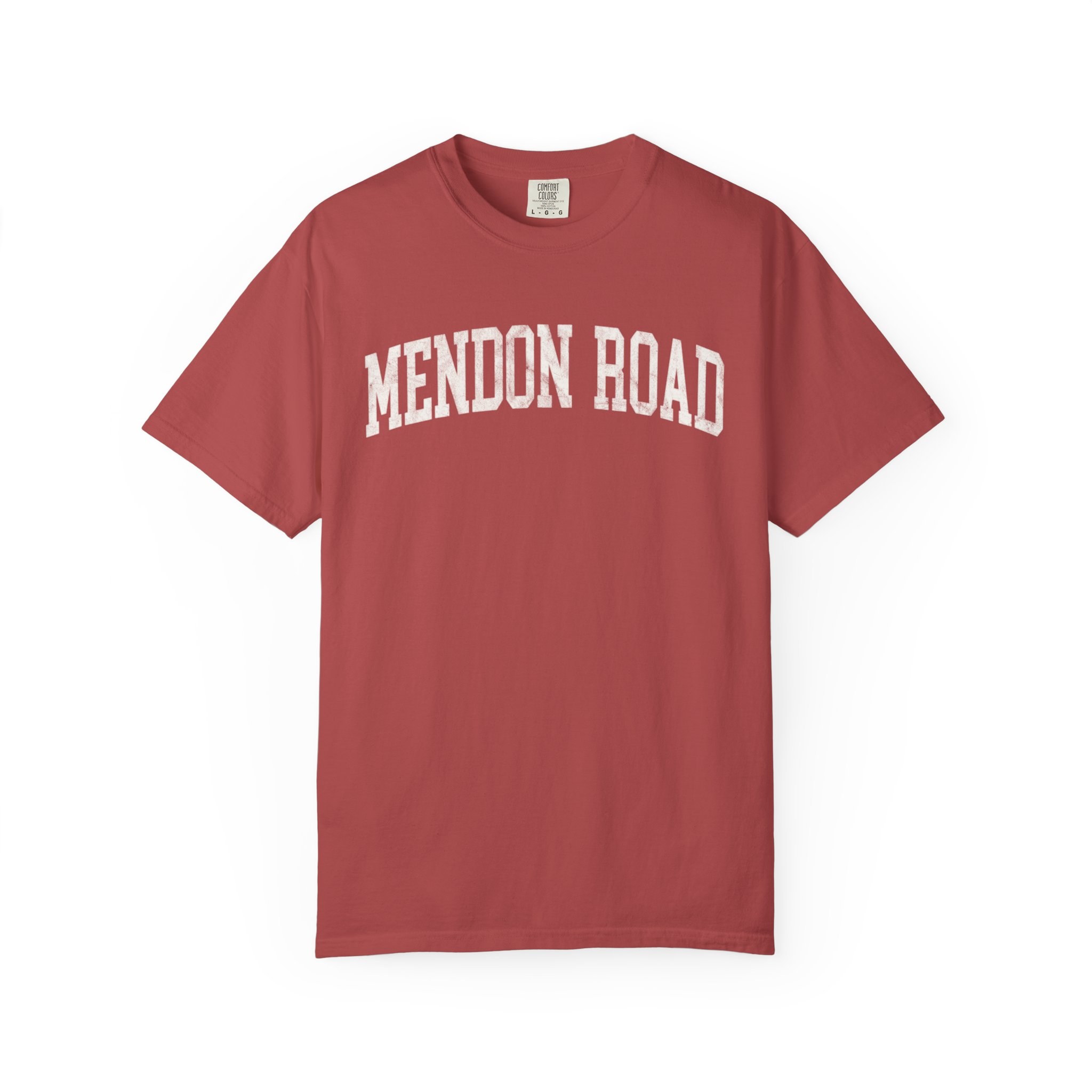 Mendon Road Garment-Dyed Tee in Collegiate Crimson, front — MENDON ROAD lettering