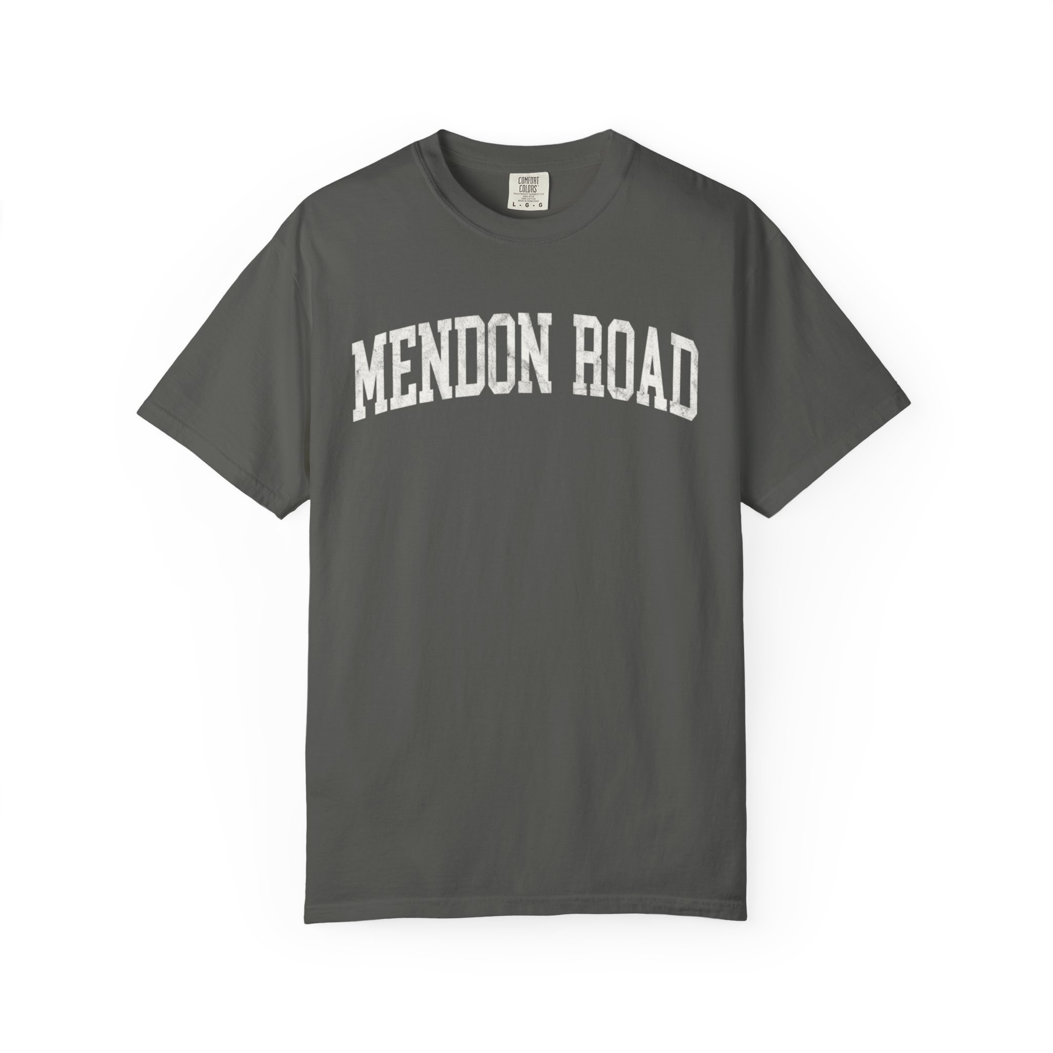 Mendon Road Garment-Dyed Tee in Concrete, front — MENDON ROAD lettering