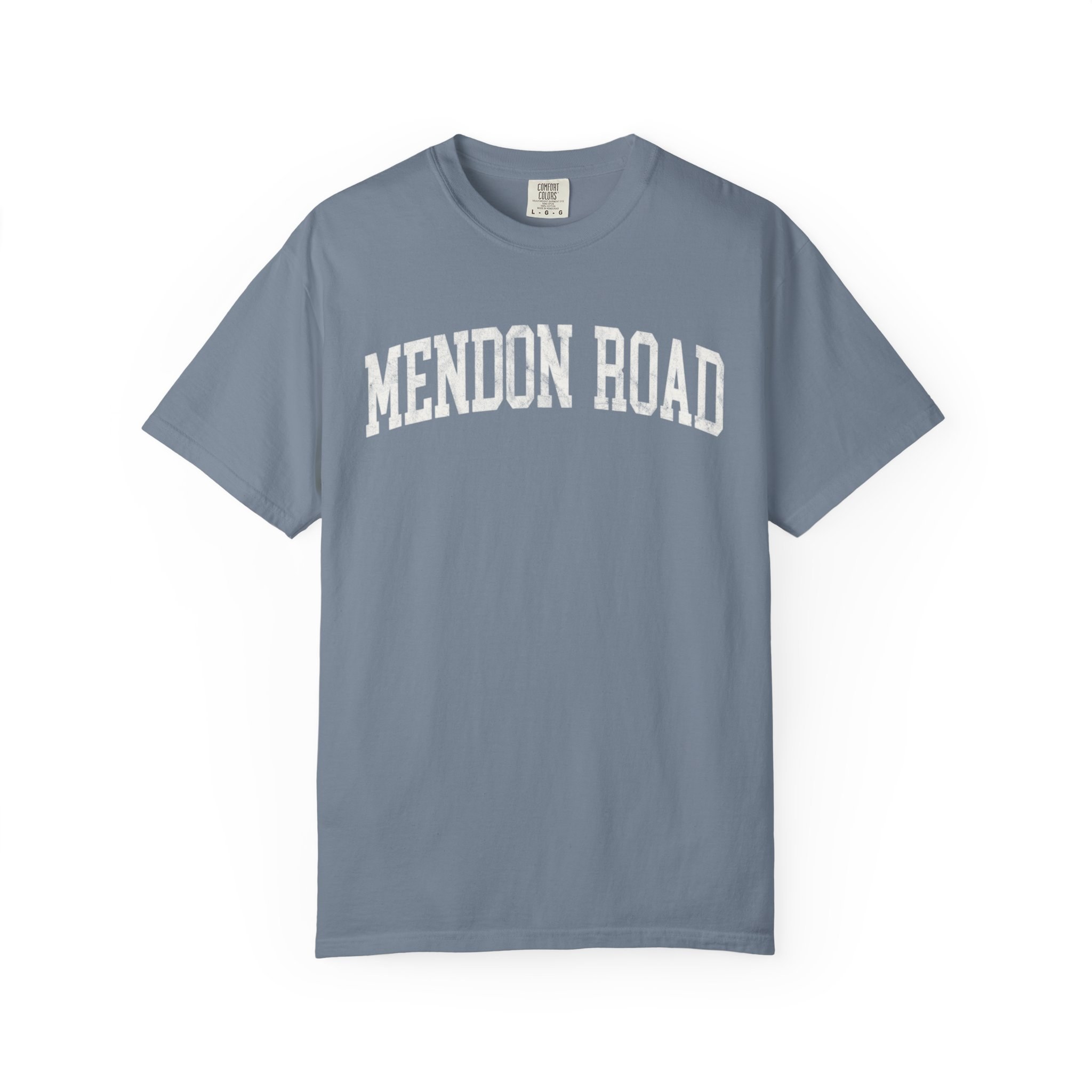 Mendon Road Garment-Dyed Tee in Samantha Blue, front — MENDON ROAD lettering