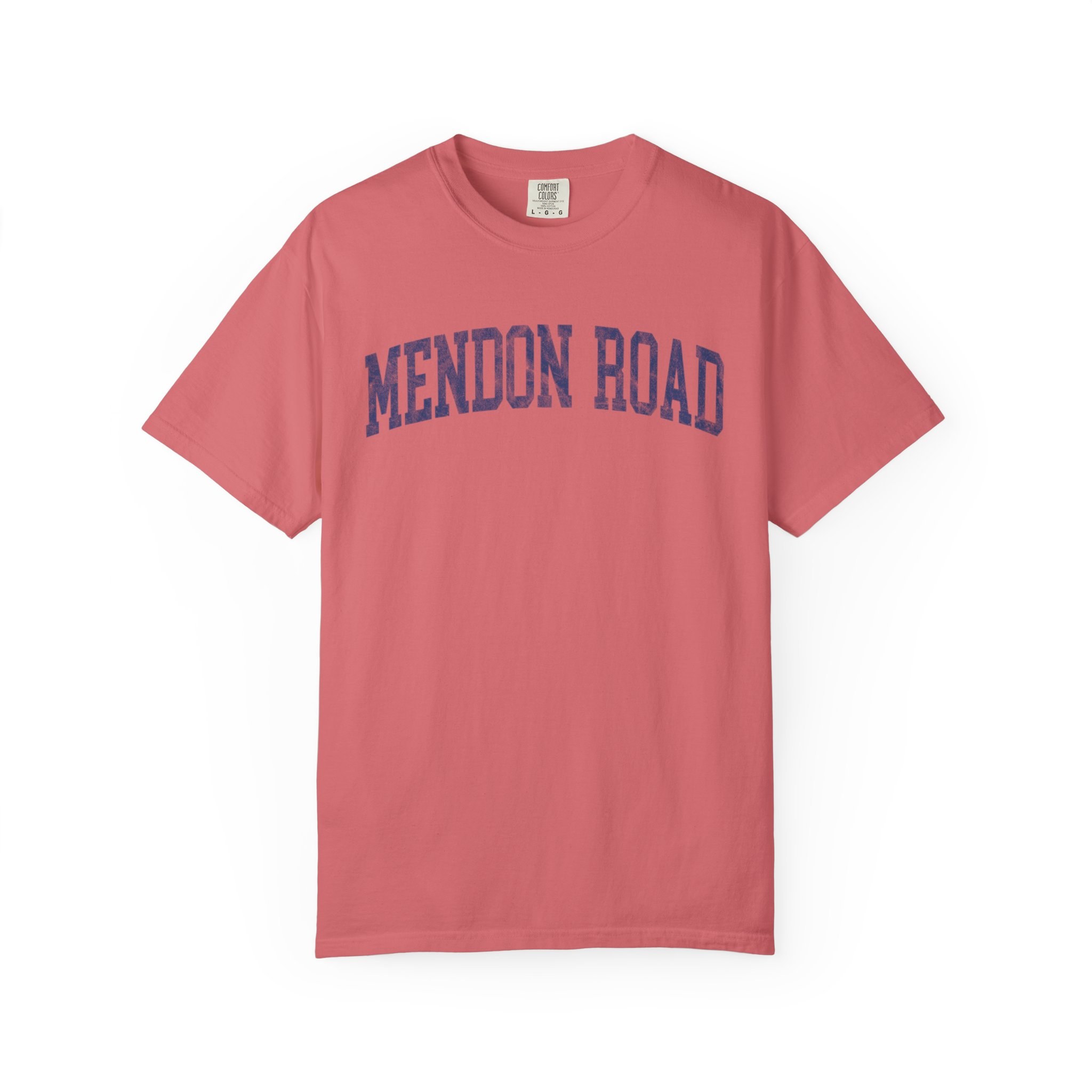 Mendon Road Garment-Dyed Tee in Strawberry Cloud, front — MENDON ROAD lettering