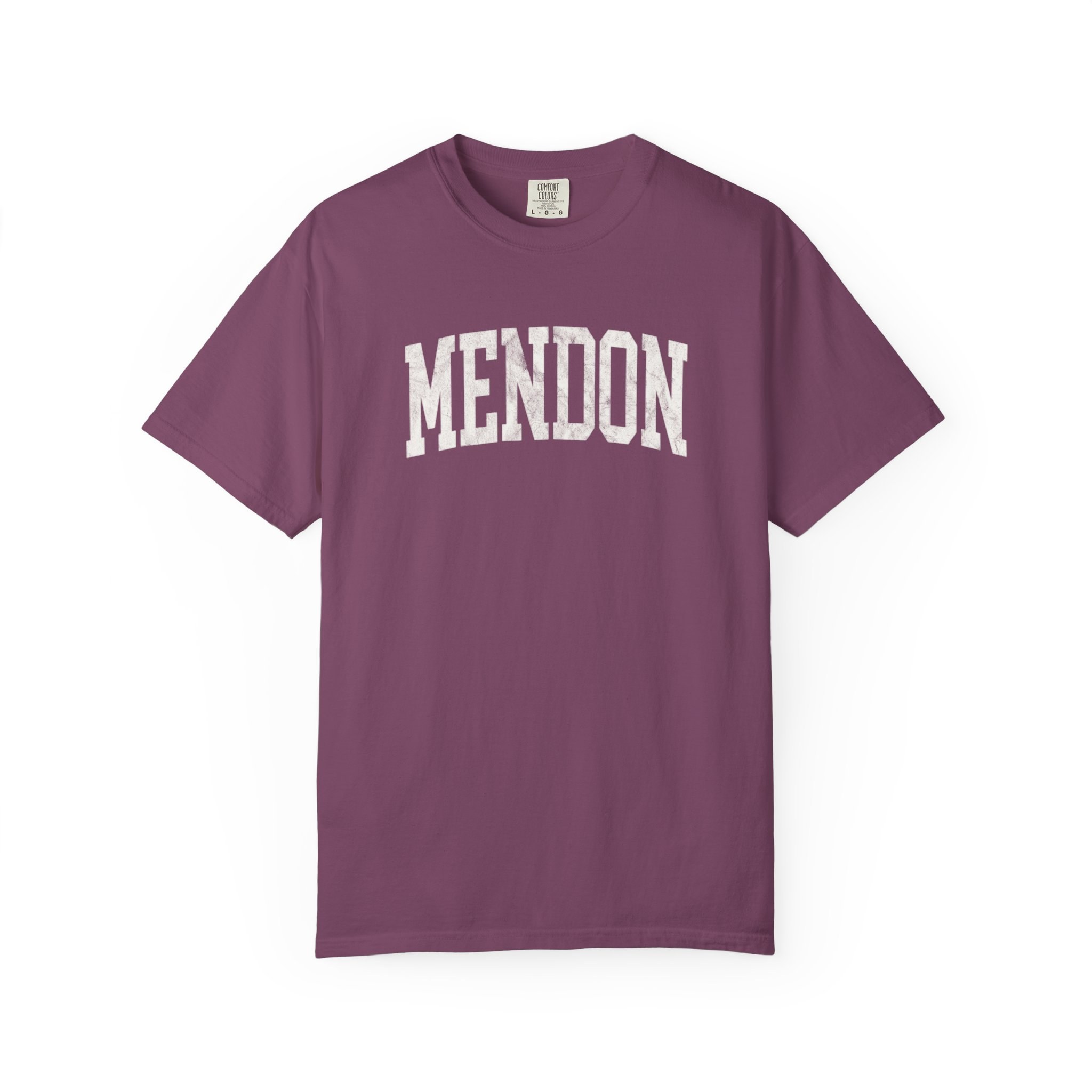 Mendon Garment-Dyed Tee in Açai Berry, front — MENDON lettering