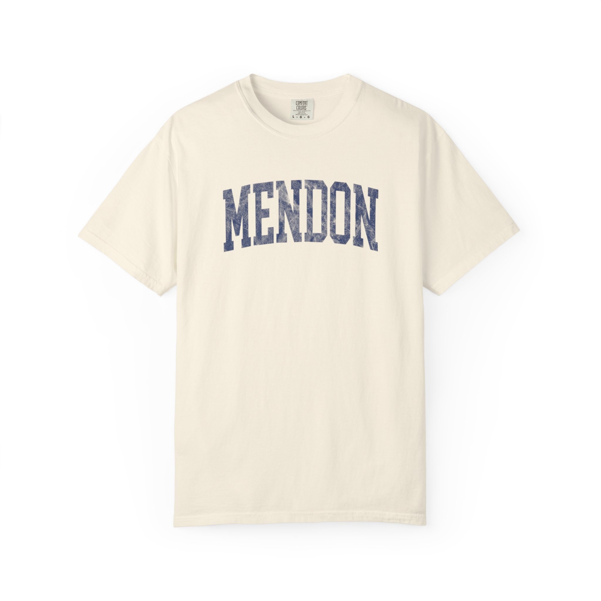 Mendon Garment-Dyed Tee in Crème Fraîche, front — MENDON lettering
