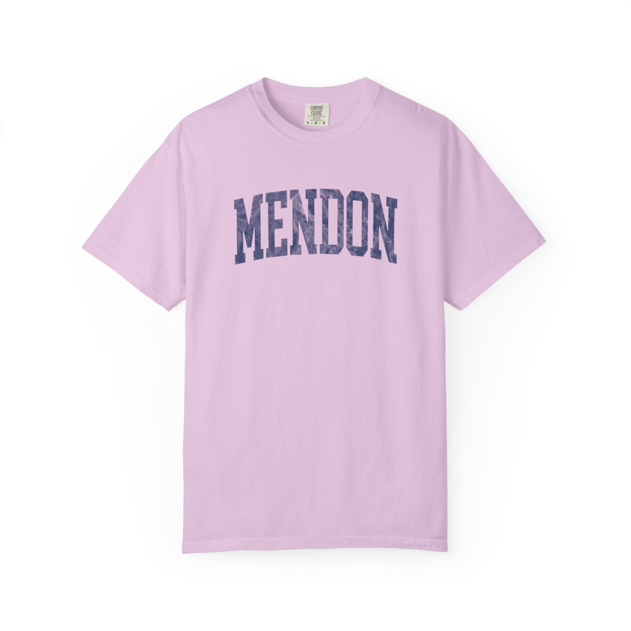 Mendon Garment-Dyed Tee in Lilac Szn, front — MENDON lettering