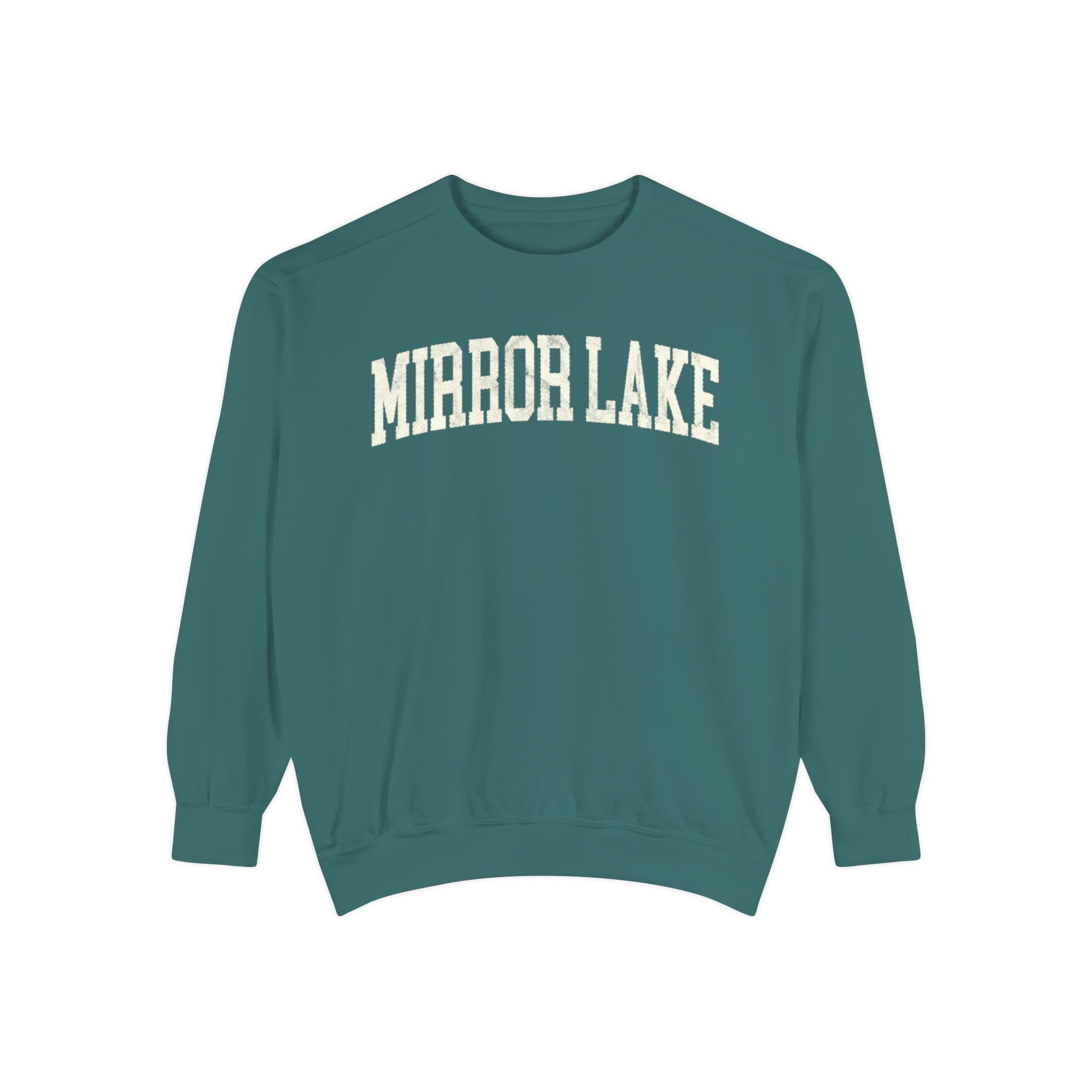 Mirror Lake Garment-Dyed Crewneck in Blue Spruce, front — MIRROR LAKE lettering
