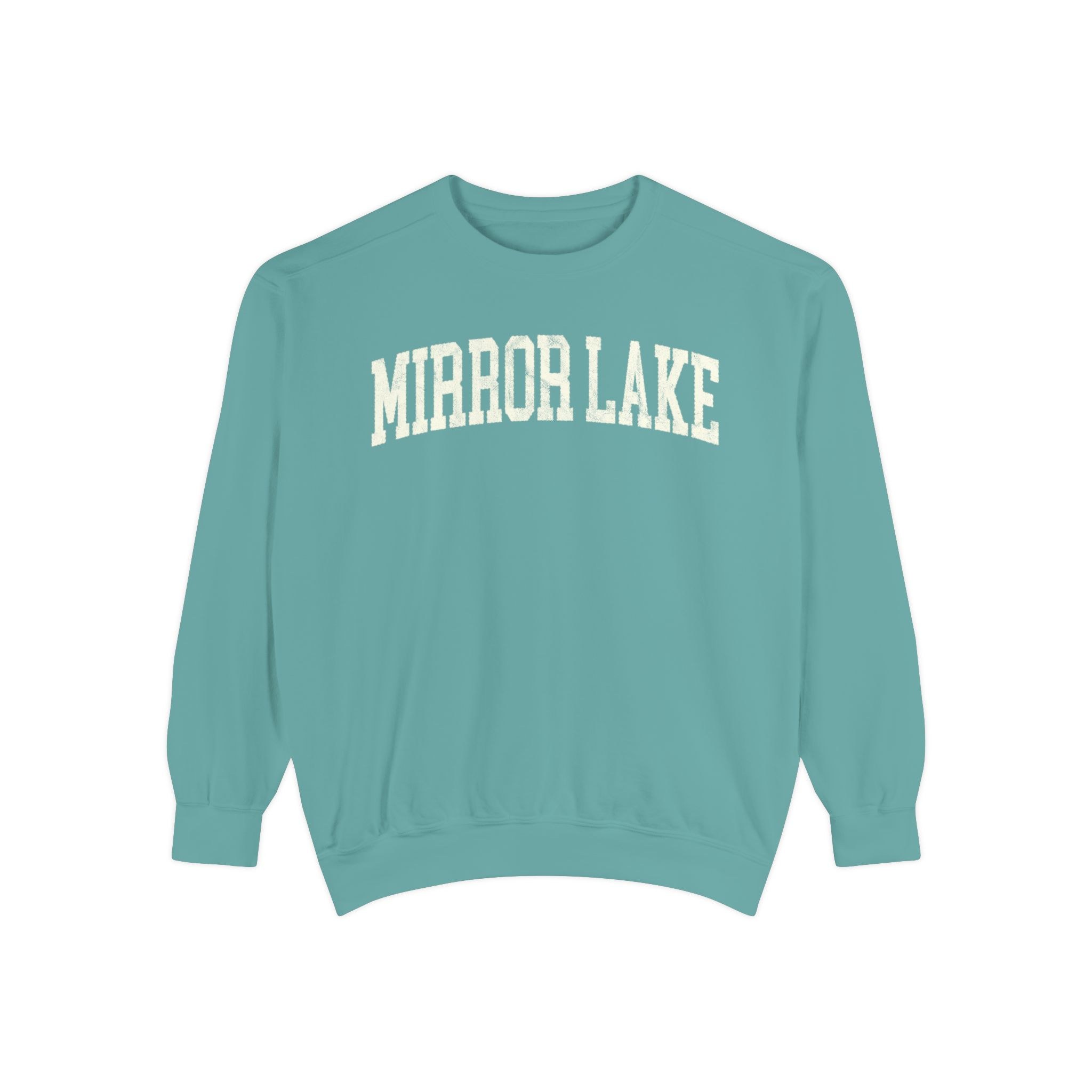 Mirror Lake Garment-Dyed Crewneck in Erie Blue, front — MIRROR LAKE lettering