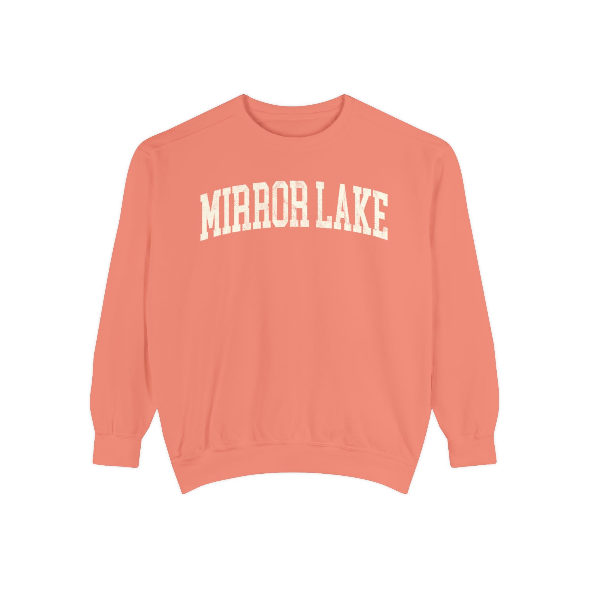 Mirror Lake Garment-Dyed Crewneck in Terracotta, front — MIRROR LAKE lettering