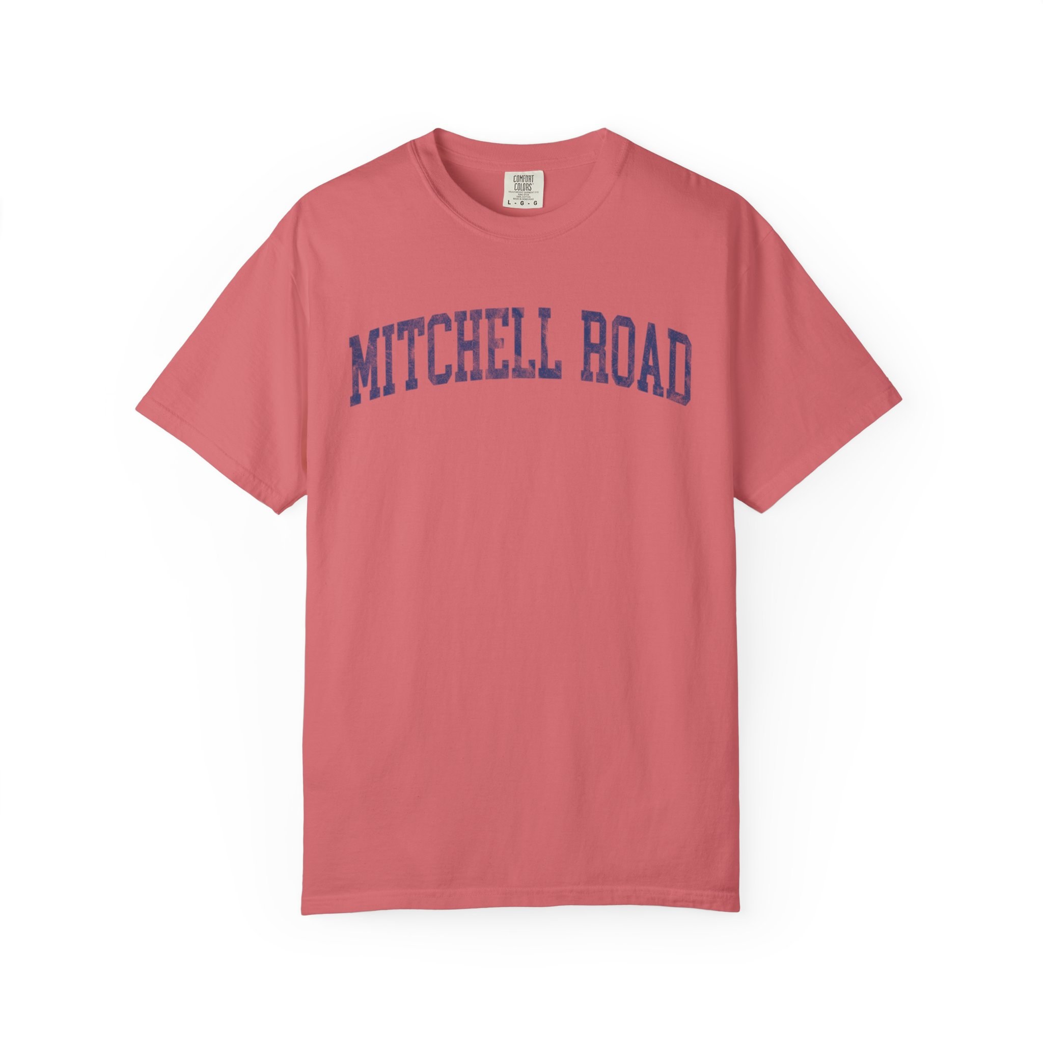 Mitchell Road Garment-Dyed Tee in Strawberry Cloud, front — MITCHELL ROAD lettering