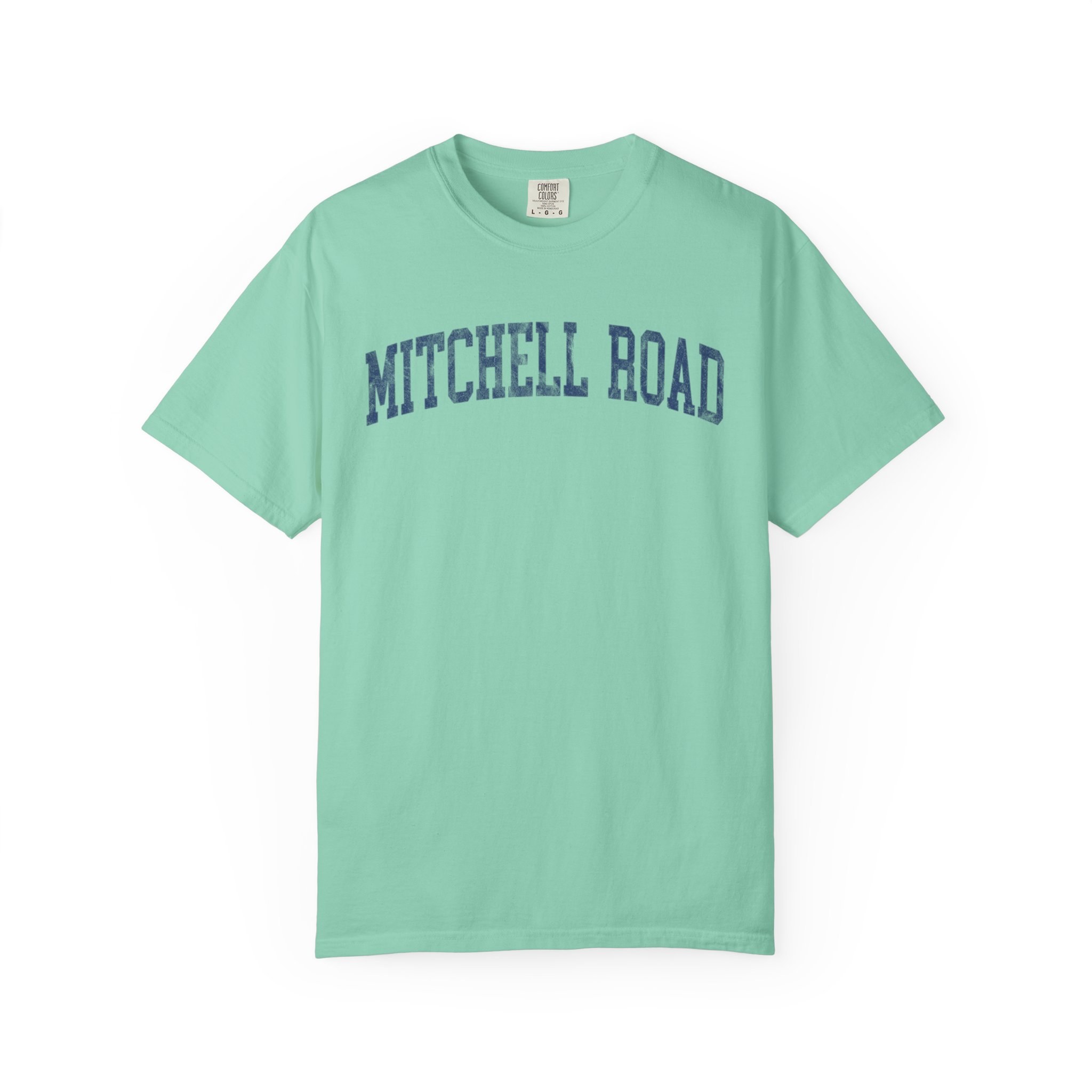 Mitchell Road Garment-Dyed Tee in Teal Good Inc, front — MITCHELL ROAD lettering