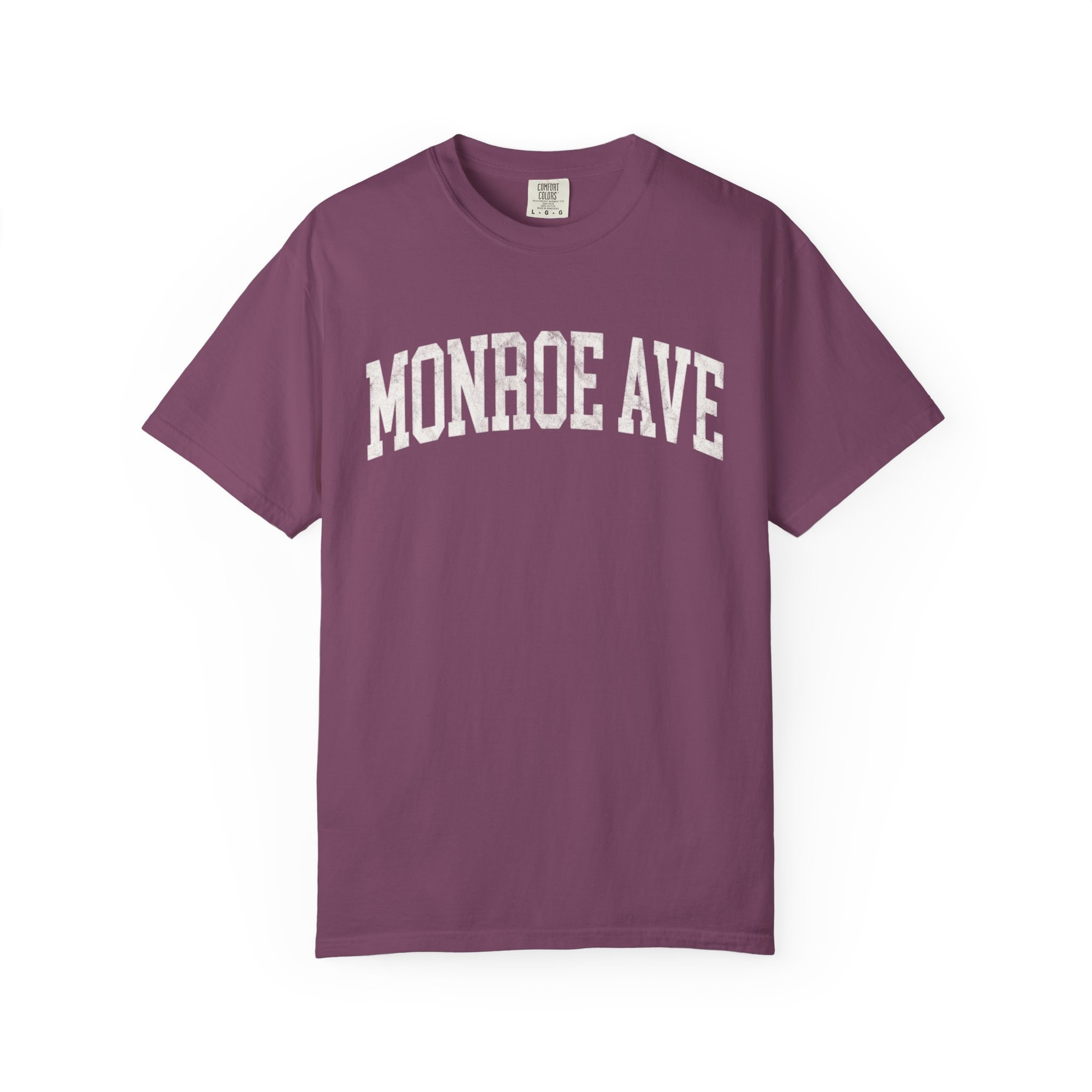 Monroe Ave Garment-Dyed Tee in Açai Berry, front — MONROE AVE lettering