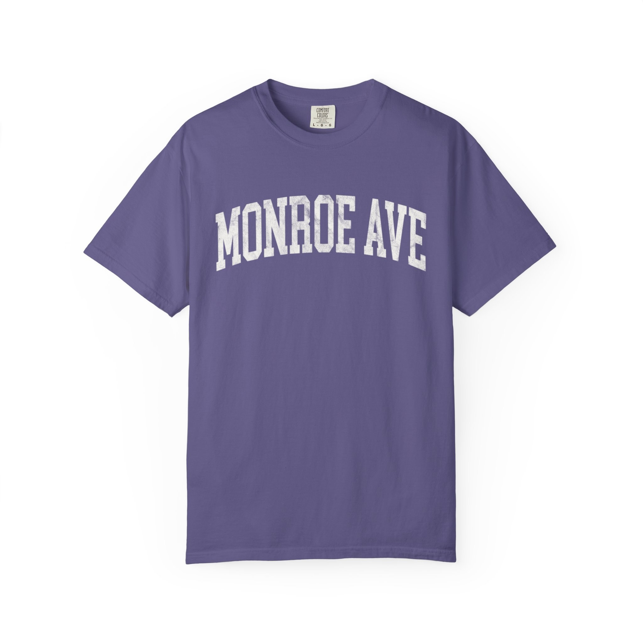 Monroe Ave Garment-Dyed Tee in Beauregarde Violet, front — MONROE AVE lettering