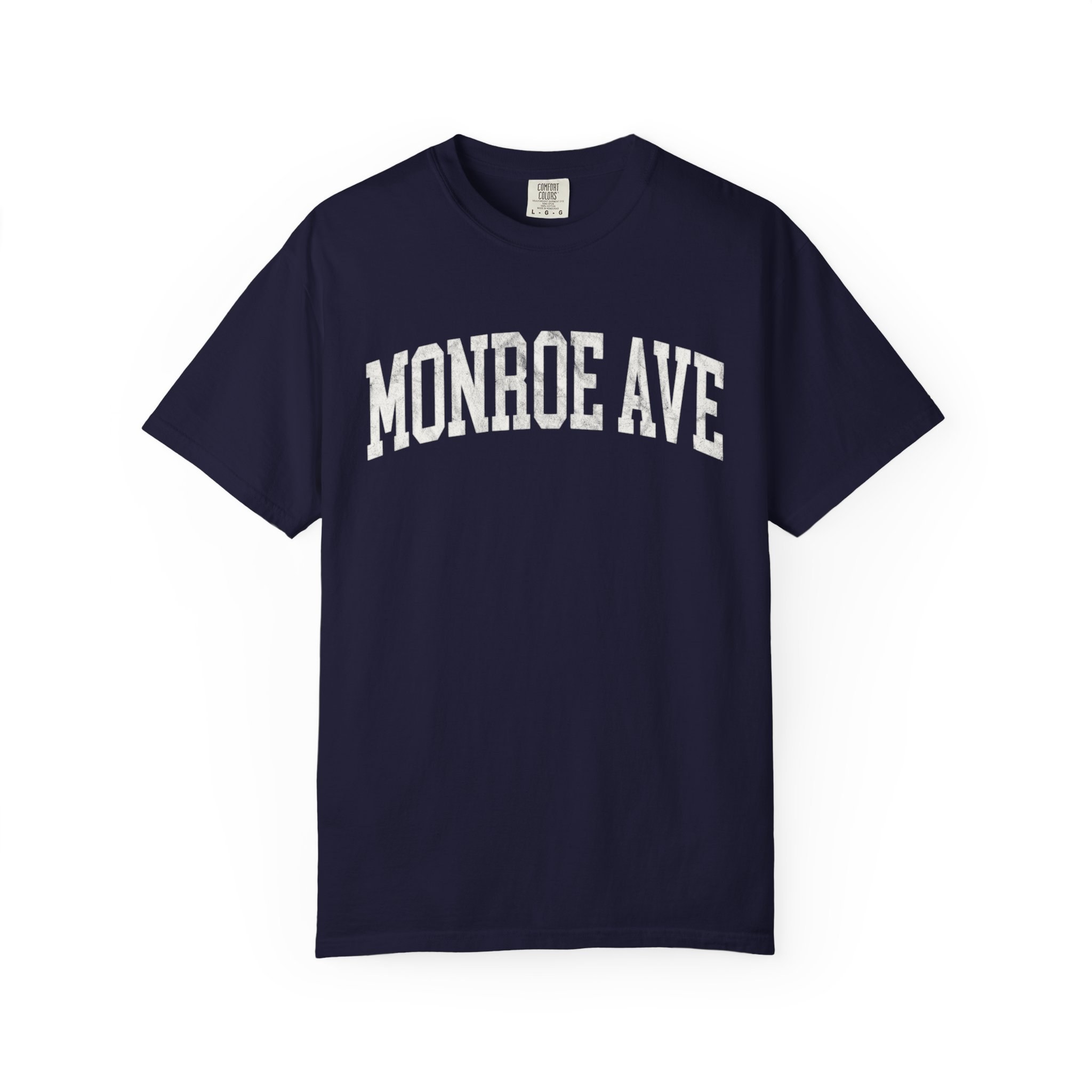 Monroe Ave Garment-Dyed Tee in Boathouse Blue, front — MONROE AVE lettering