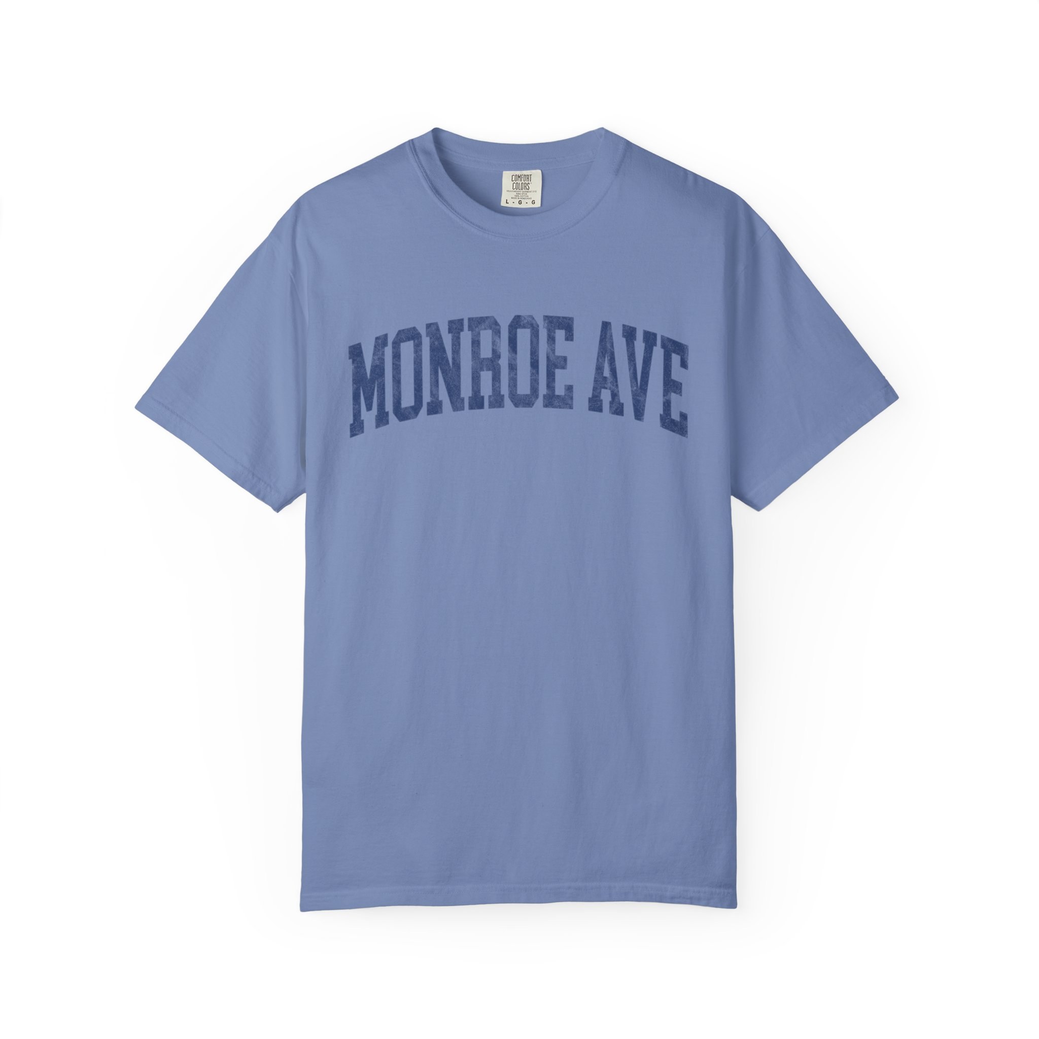 Monroe Ave Garment-Dyed Tee in Faded Predawn, front — MONROE AVE lettering