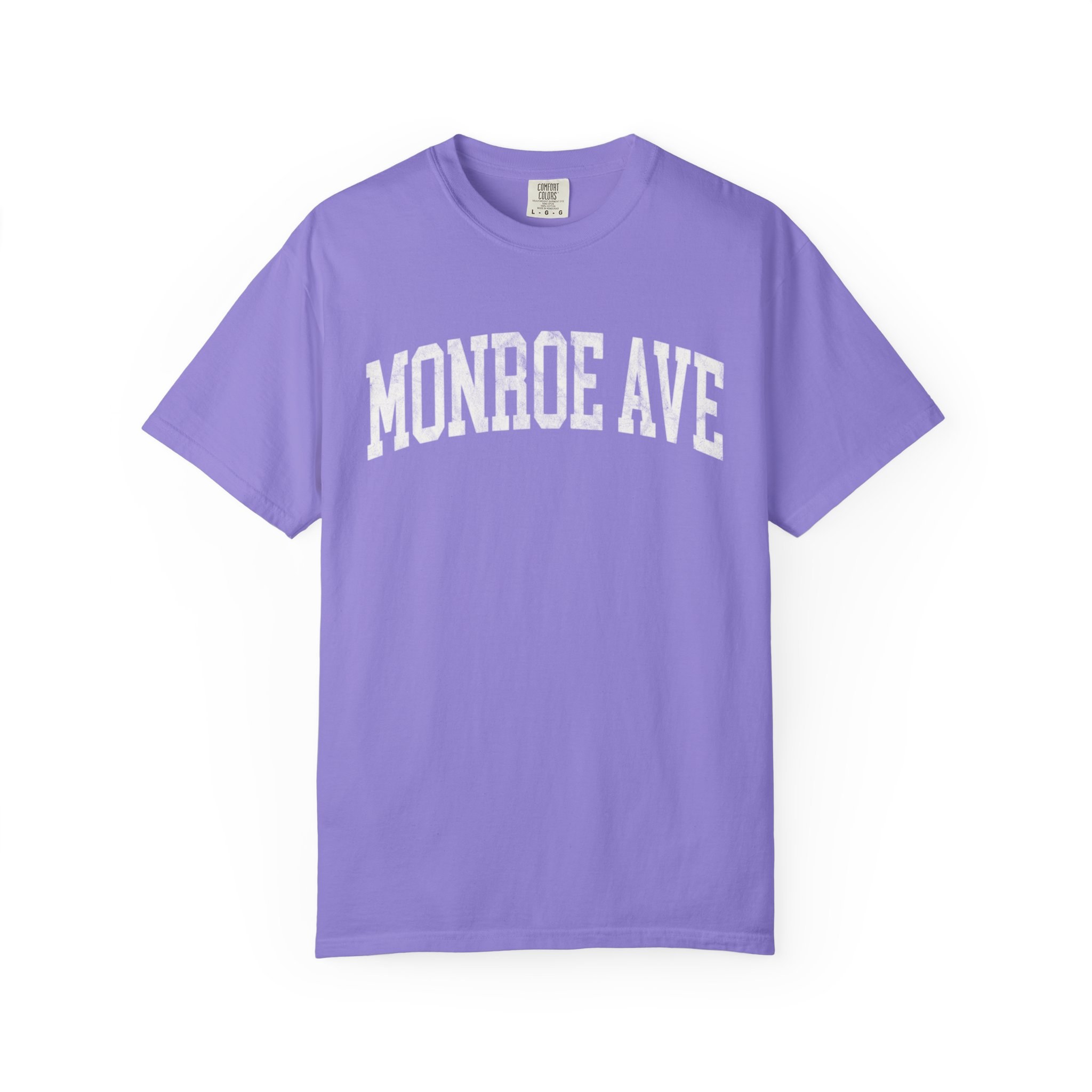 Monroe Ave Garment-Dyed Tee in Lavender Fields, front — MONROE AVE lettering