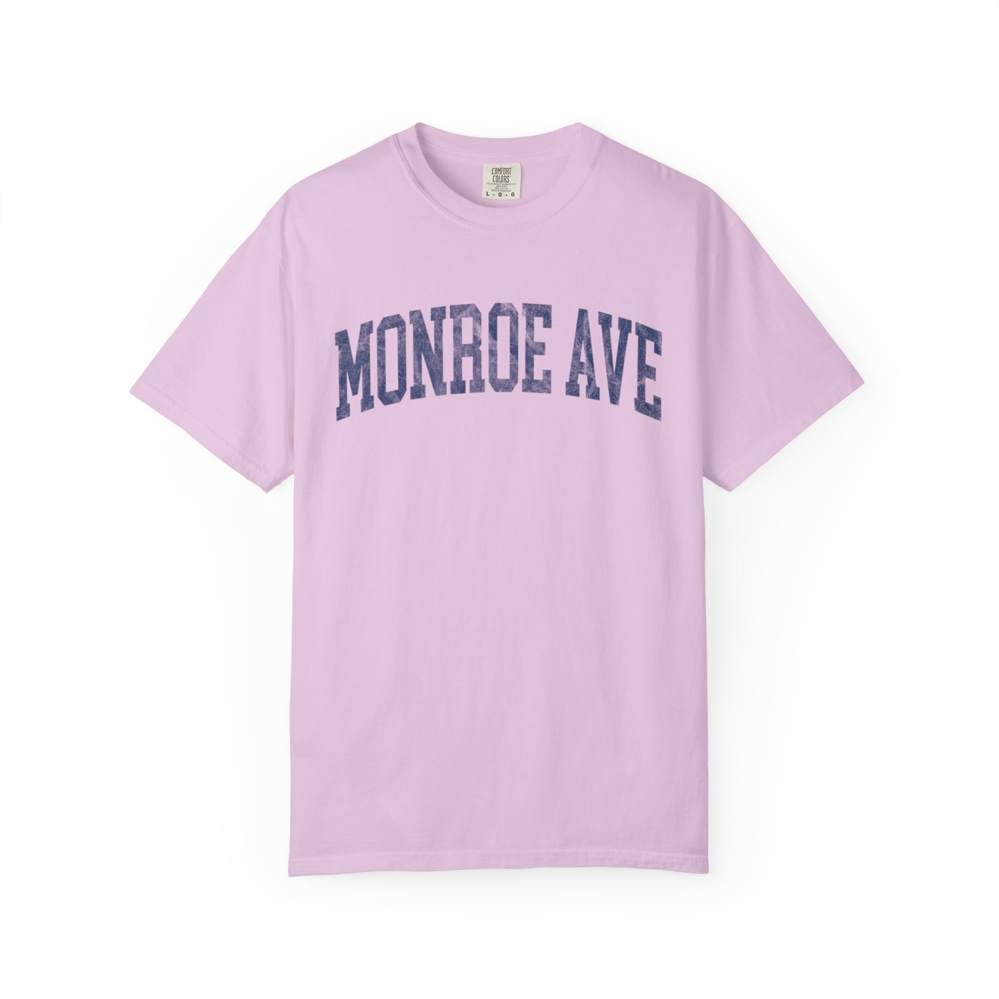 Monroe Ave Garment-Dyed Tee in Lilac Szn, front — MONROE AVE lettering
