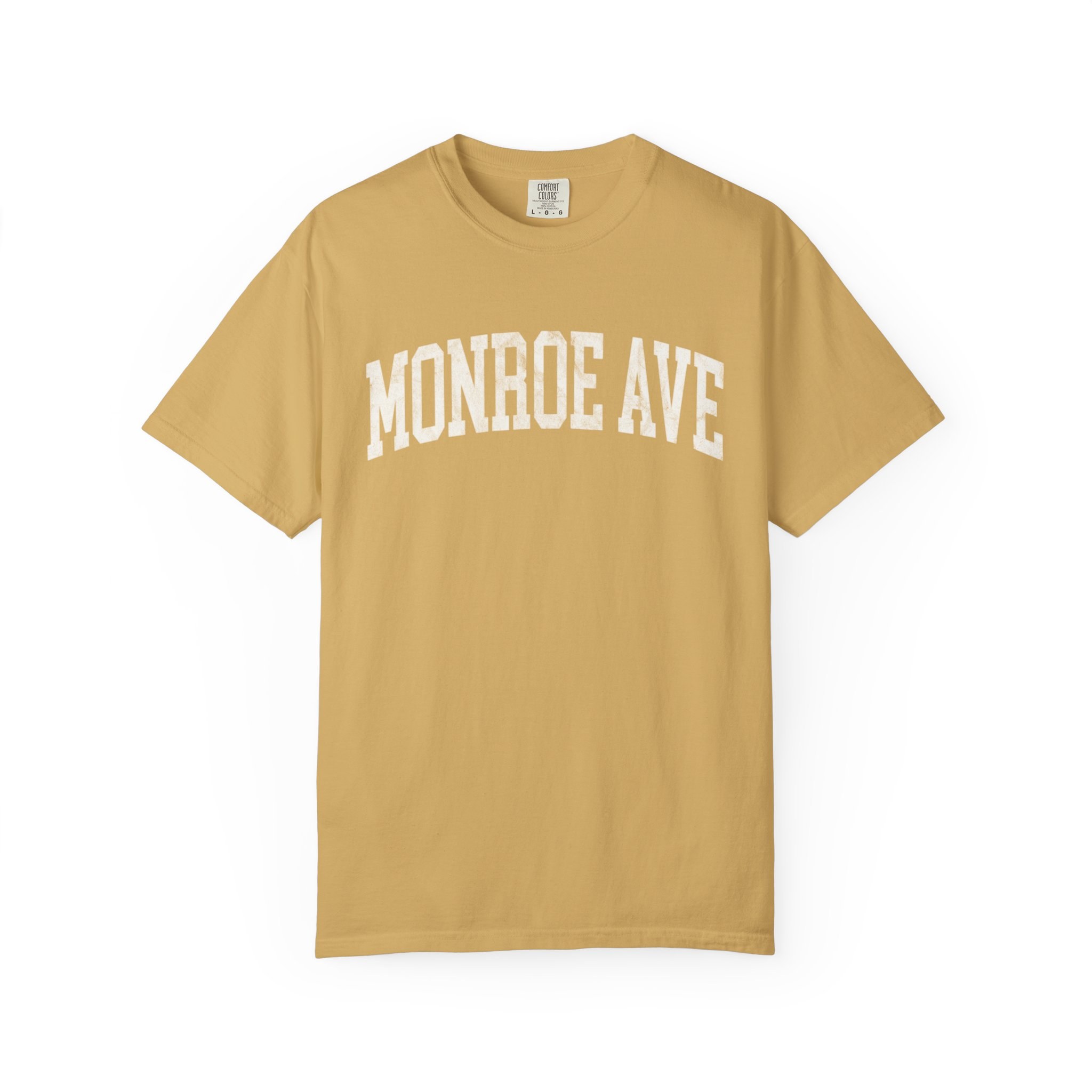 Monroe Ave Garment-Dyed Tee in Pasta Wheat, front — MONROE AVE lettering