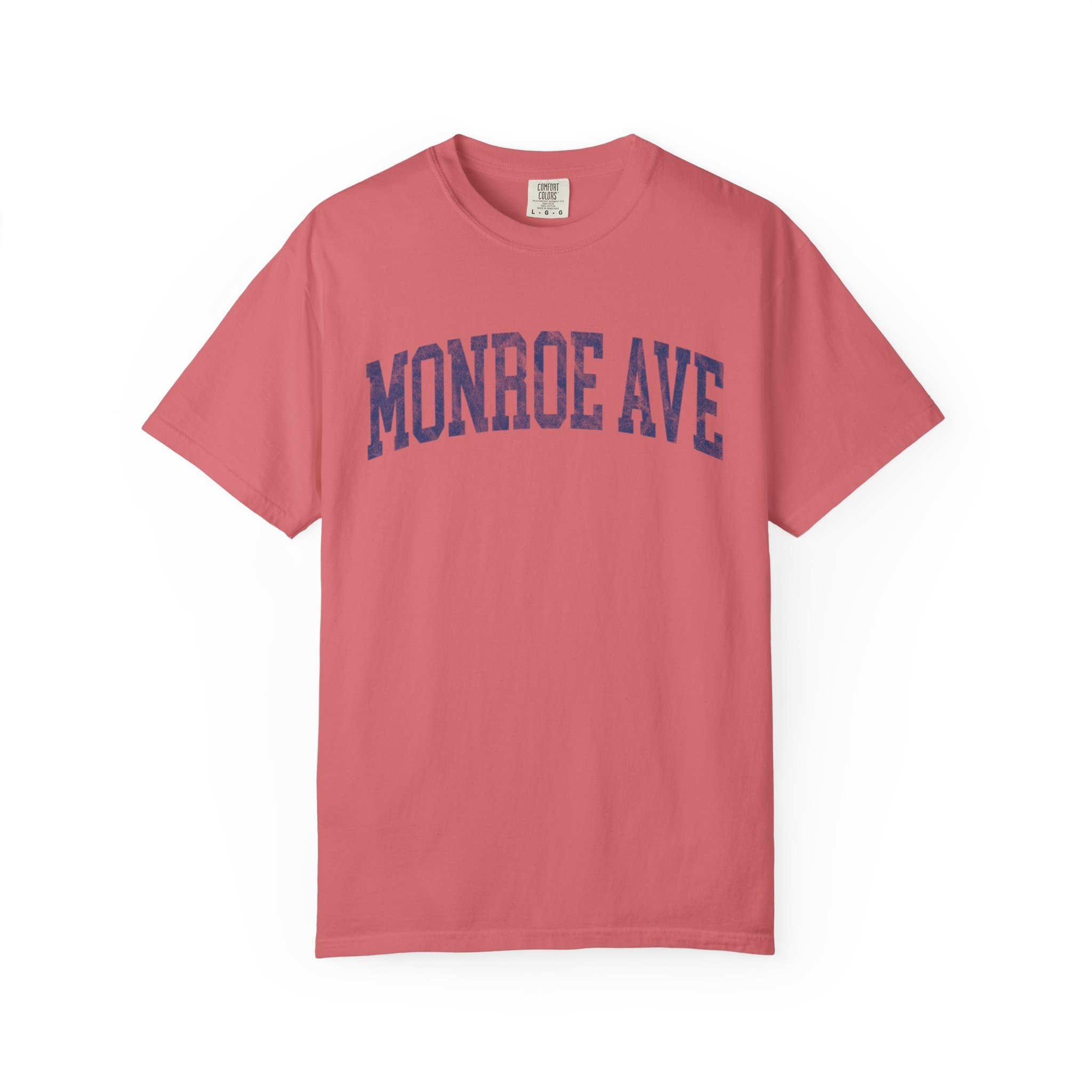 Monroe Ave Garment-Dyed Tee in Strawberry Cloud, front — MONROE AVE lettering