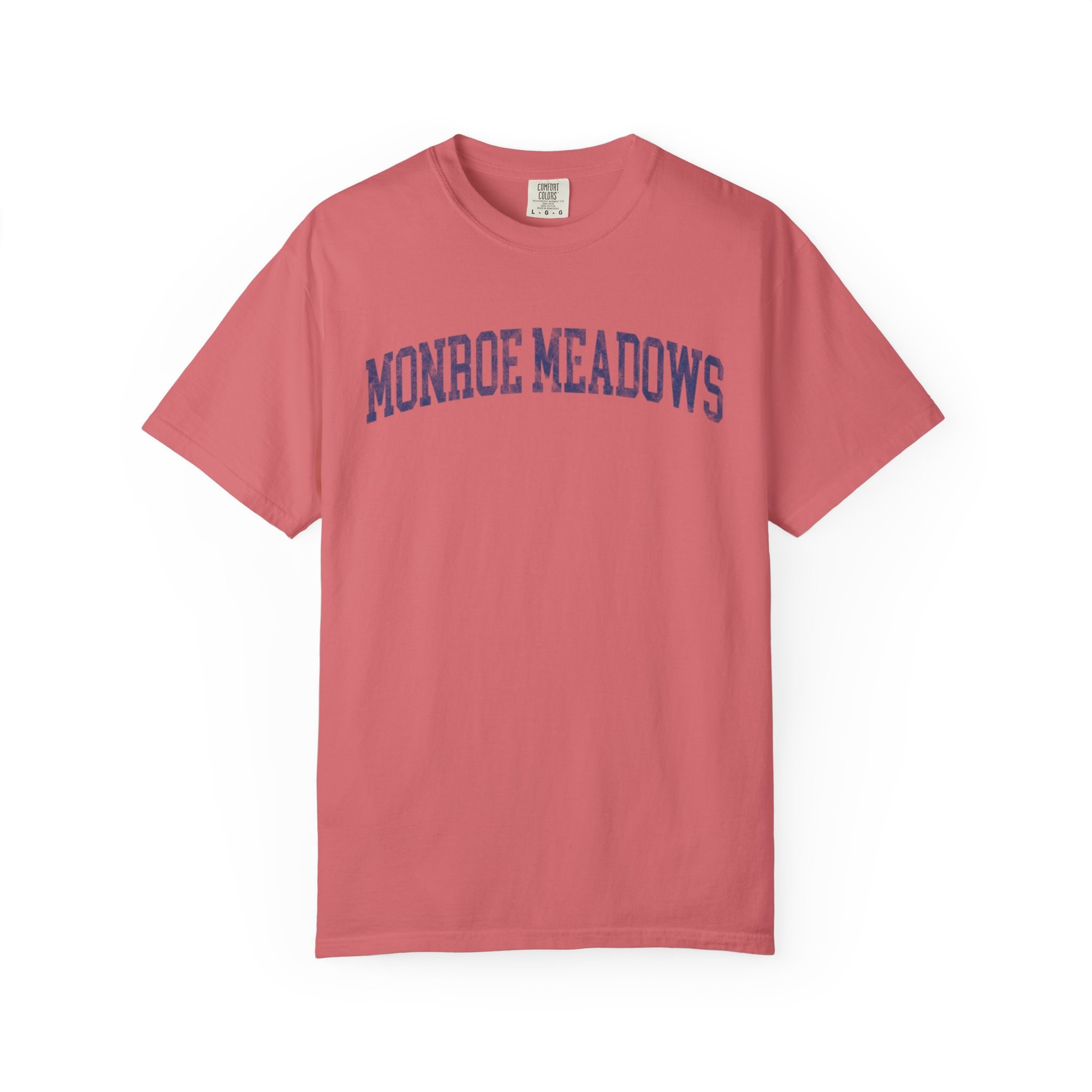 Monroe Meadows Garment-Dyed Tee in Strawberry Cloud, front — MONROE MEADOWS lettering