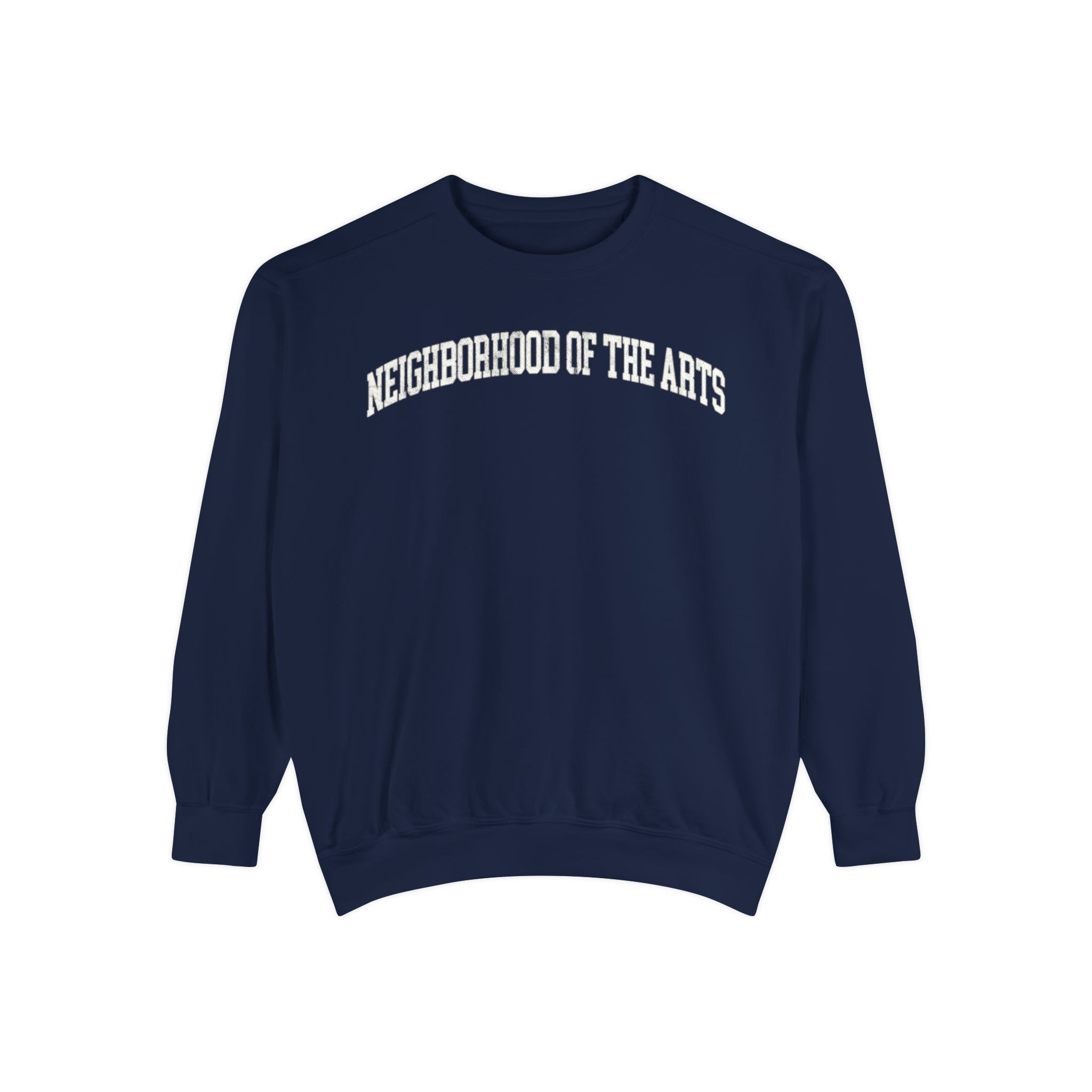 Neighborhood of the Arts Garment-Dyed Crewneck in Boathouse Blue, front — NEIGHBORHOOD OF THE ARTS lettering
