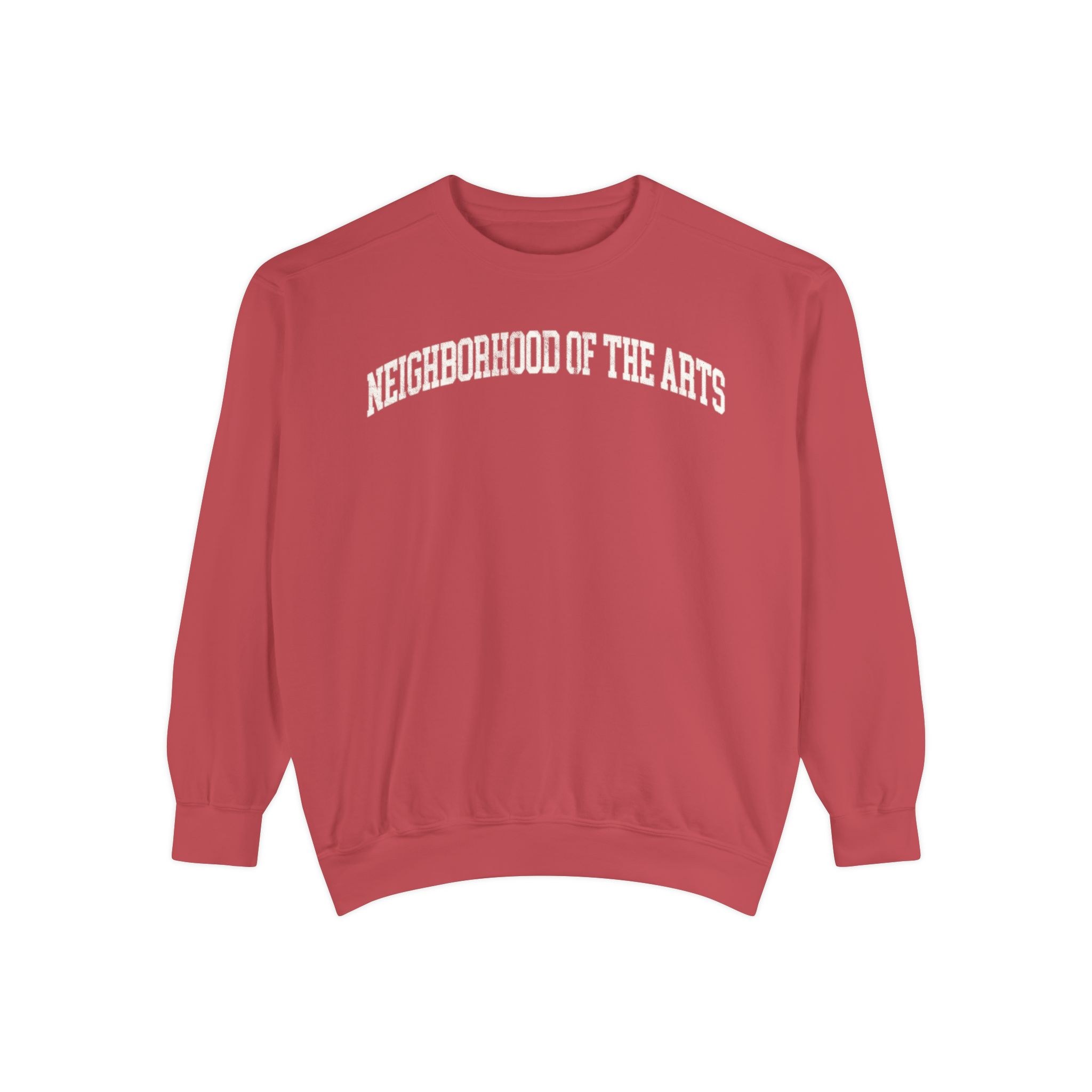 Neighborhood of the Arts Garment-Dyed Crewneck in Collegiate Crimson, front — NEIGHBORHOOD OF THE ARTS lettering