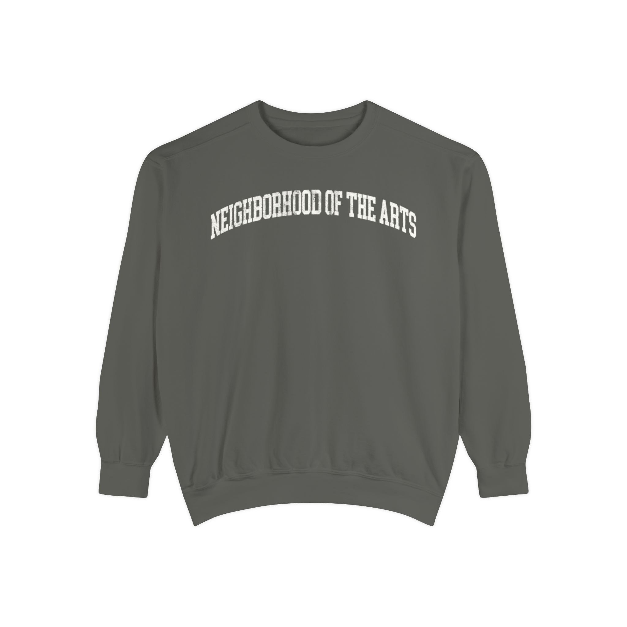 Neighborhood of the Arts Garment-Dyed Crewneck in Concrete, front — NEIGHBORHOOD OF THE ARTS lettering