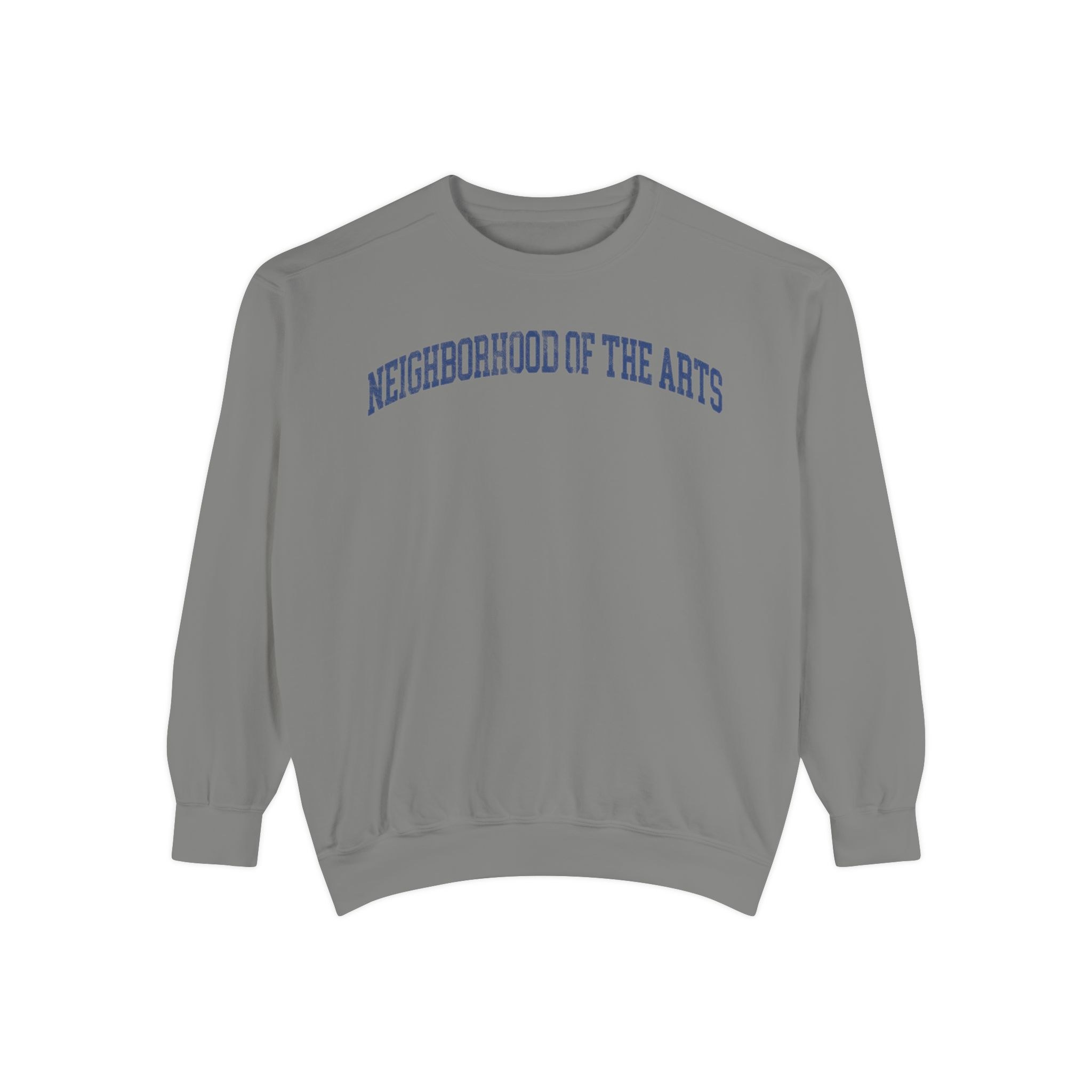 Neighborhood of the Arts Garment-Dyed Crewneck in Dusting, front — NEIGHBORHOOD OF THE ARTS lettering