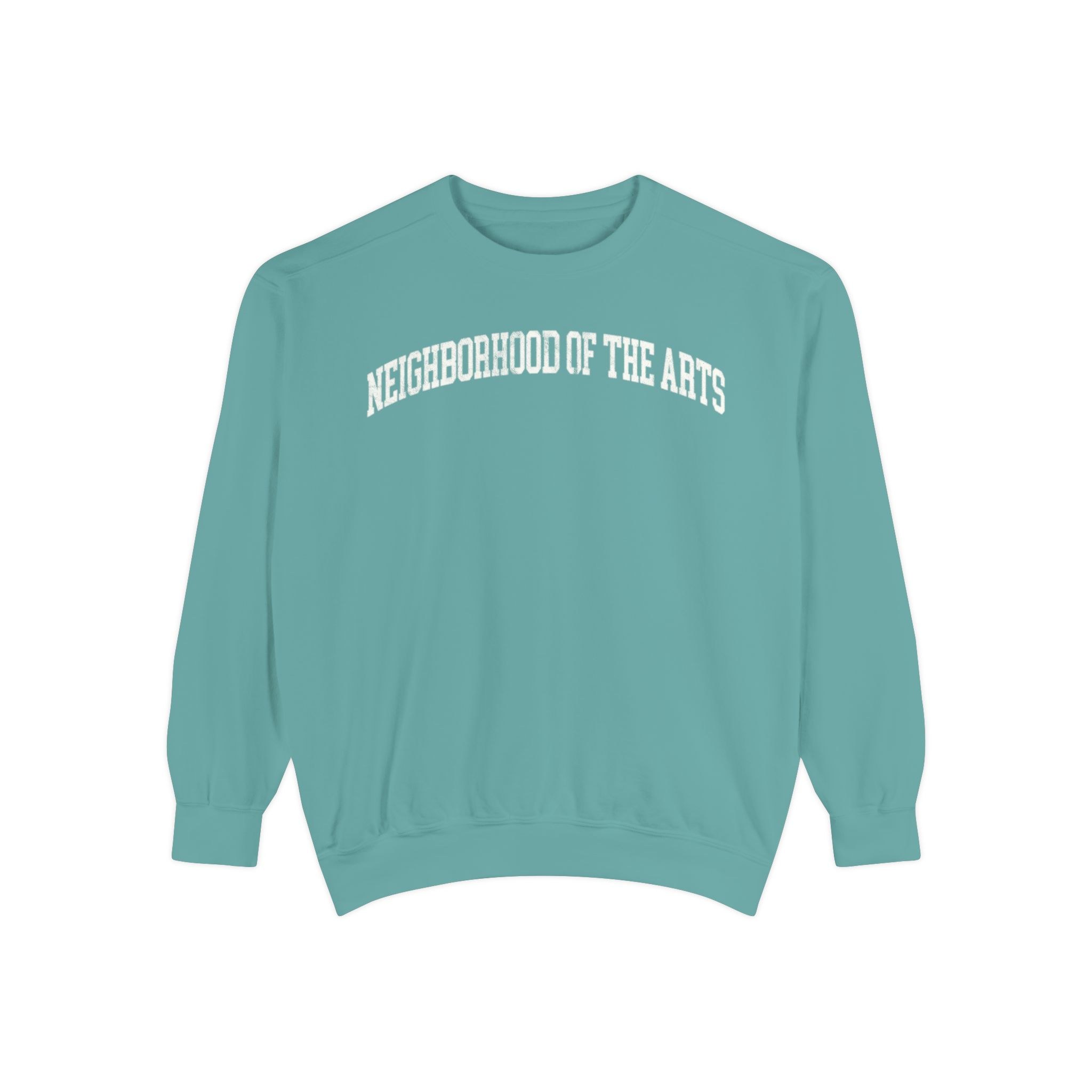 Neighborhood of the Arts Garment-Dyed Crewneck in Erie Blue, front — NEIGHBORHOOD OF THE ARTS lettering