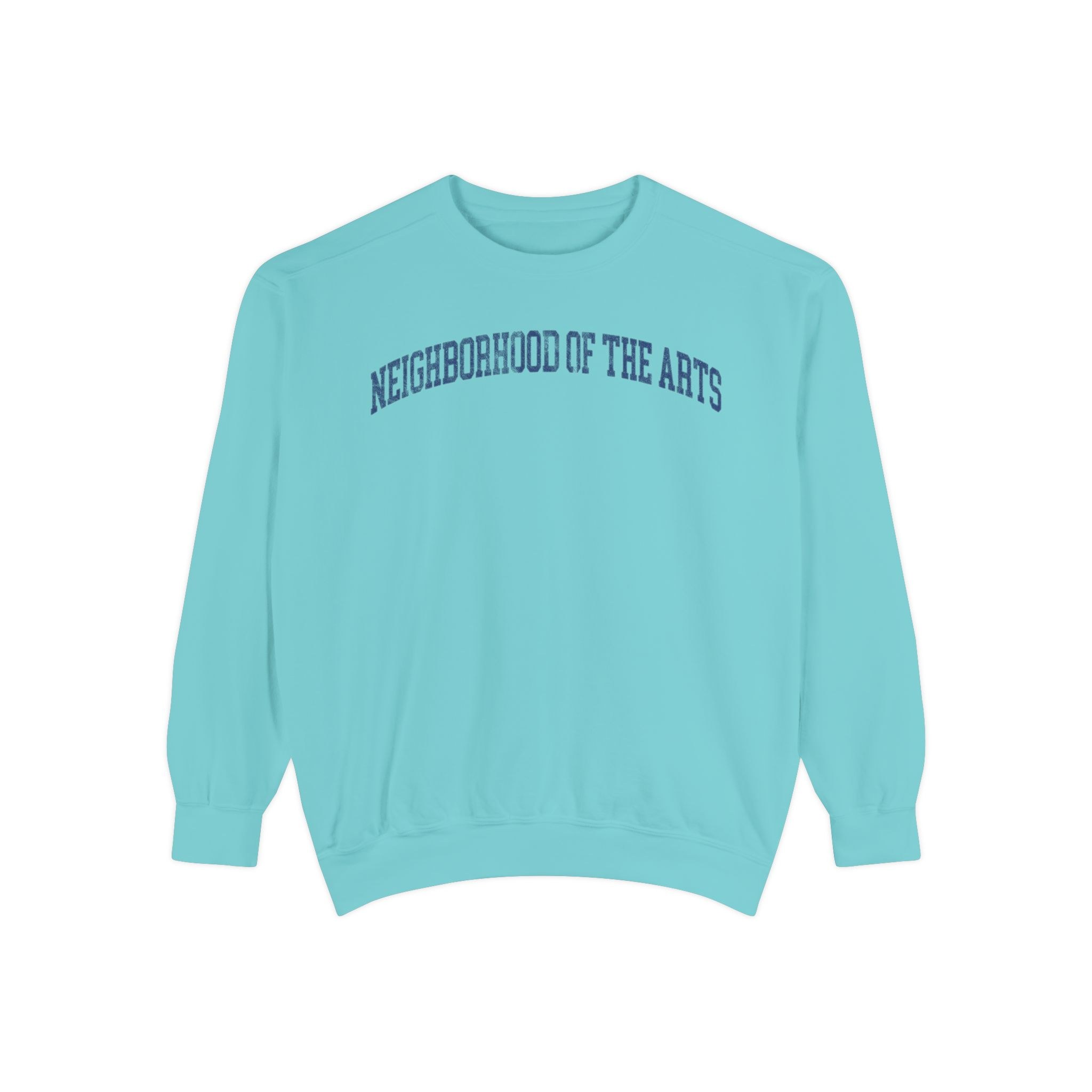 Neighborhood of the Arts Garment-Dyed Crewneck in Light Ice, front — NEIGHBORHOOD OF THE ARTS lettering
