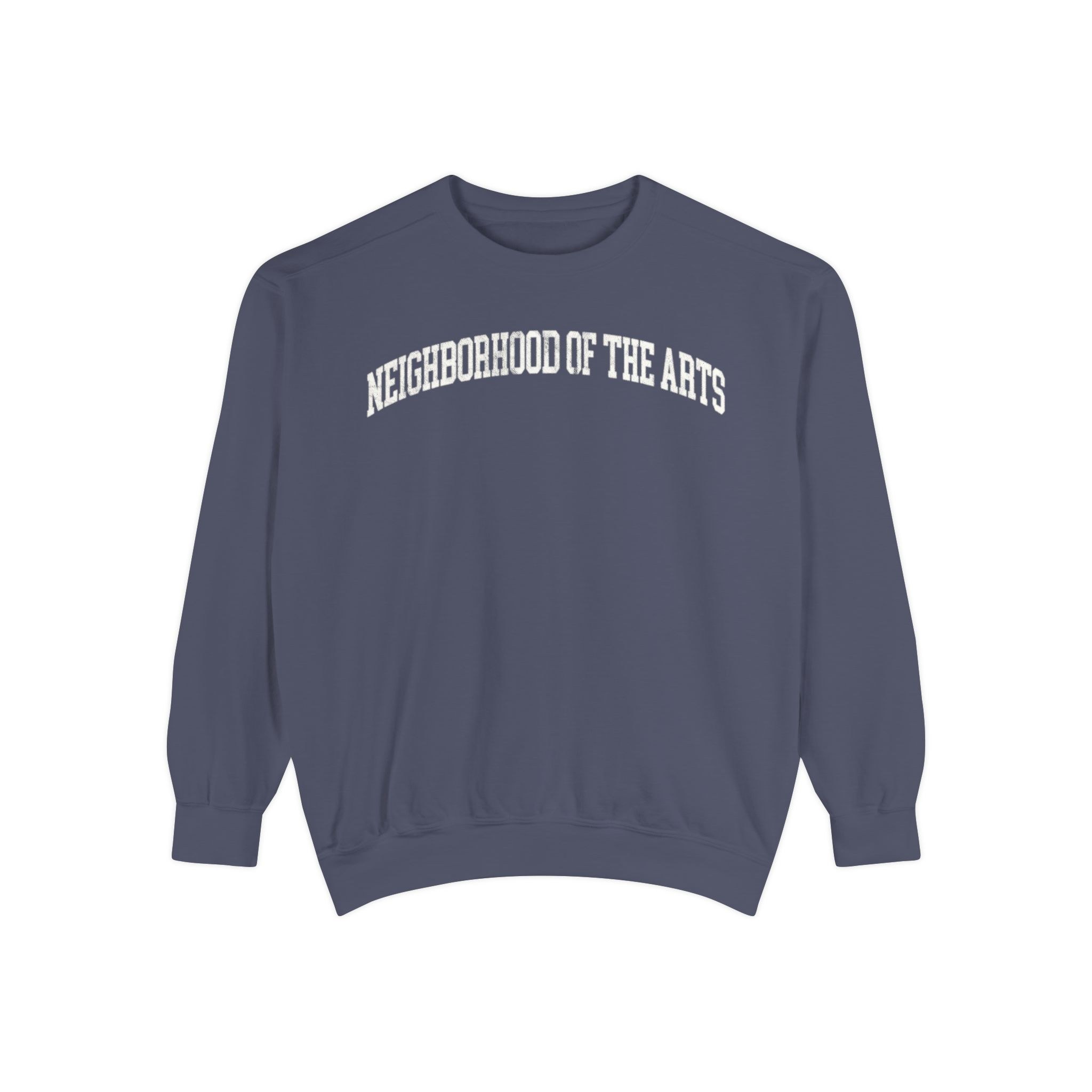 Neighborhood of the Arts Garment-Dyed Crewneck in Predawn, front — NEIGHBORHOOD OF THE ARTS lettering
