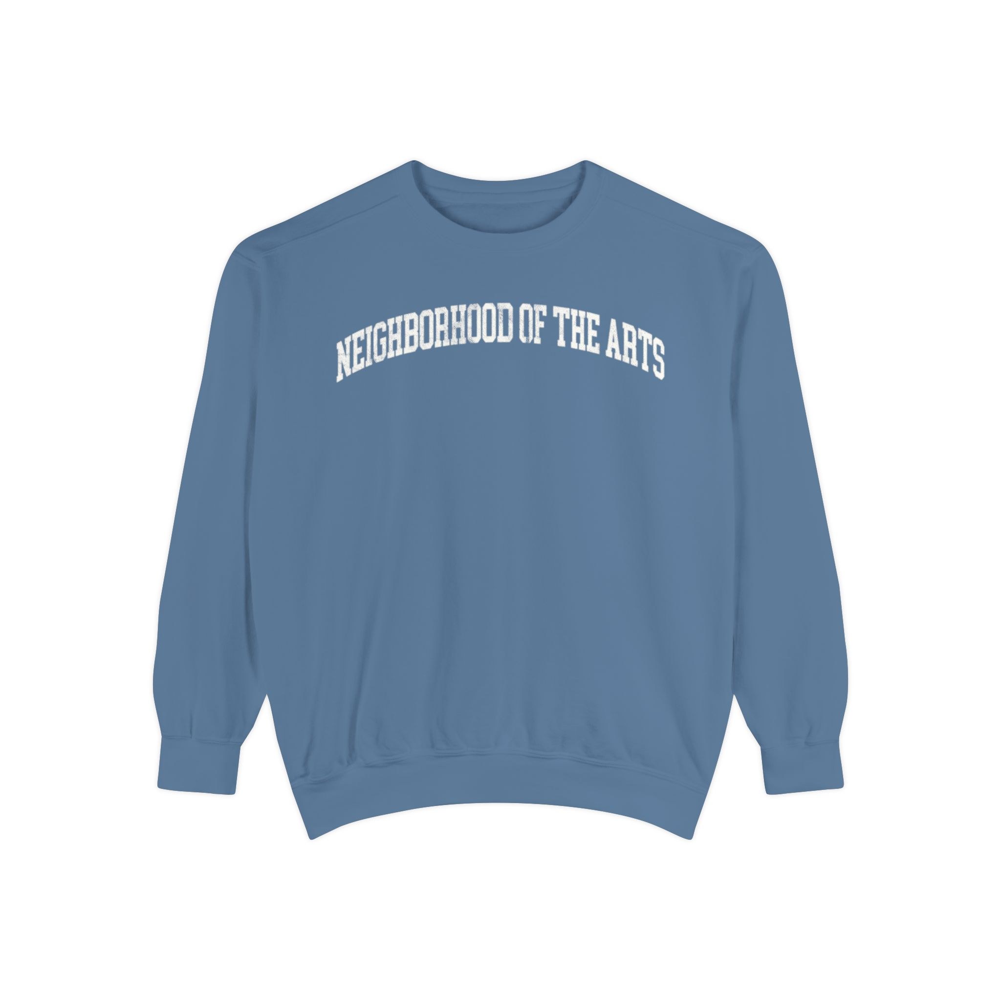 Neighborhood of the Arts Garment-Dyed Crewneck in Samantha Blue, front — NEIGHBORHOOD OF THE ARTS lettering