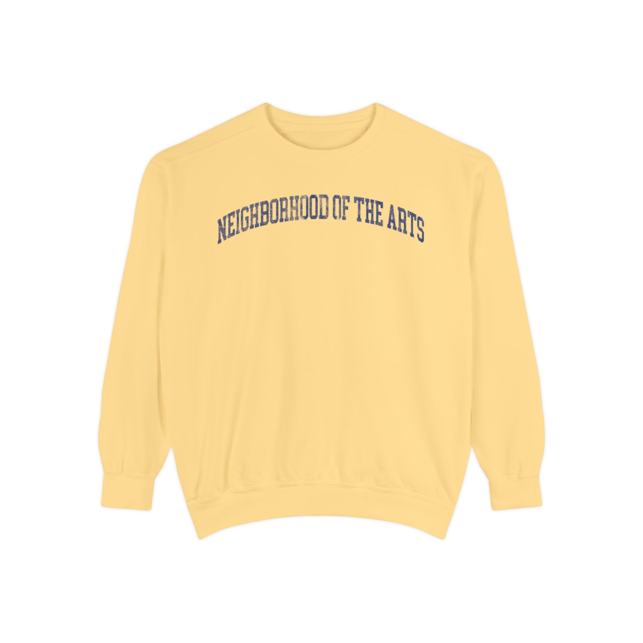 Neighborhood of the Arts Garment-Dyed Crewneck in Unsalted, front — NEIGHBORHOOD OF THE ARTS lettering