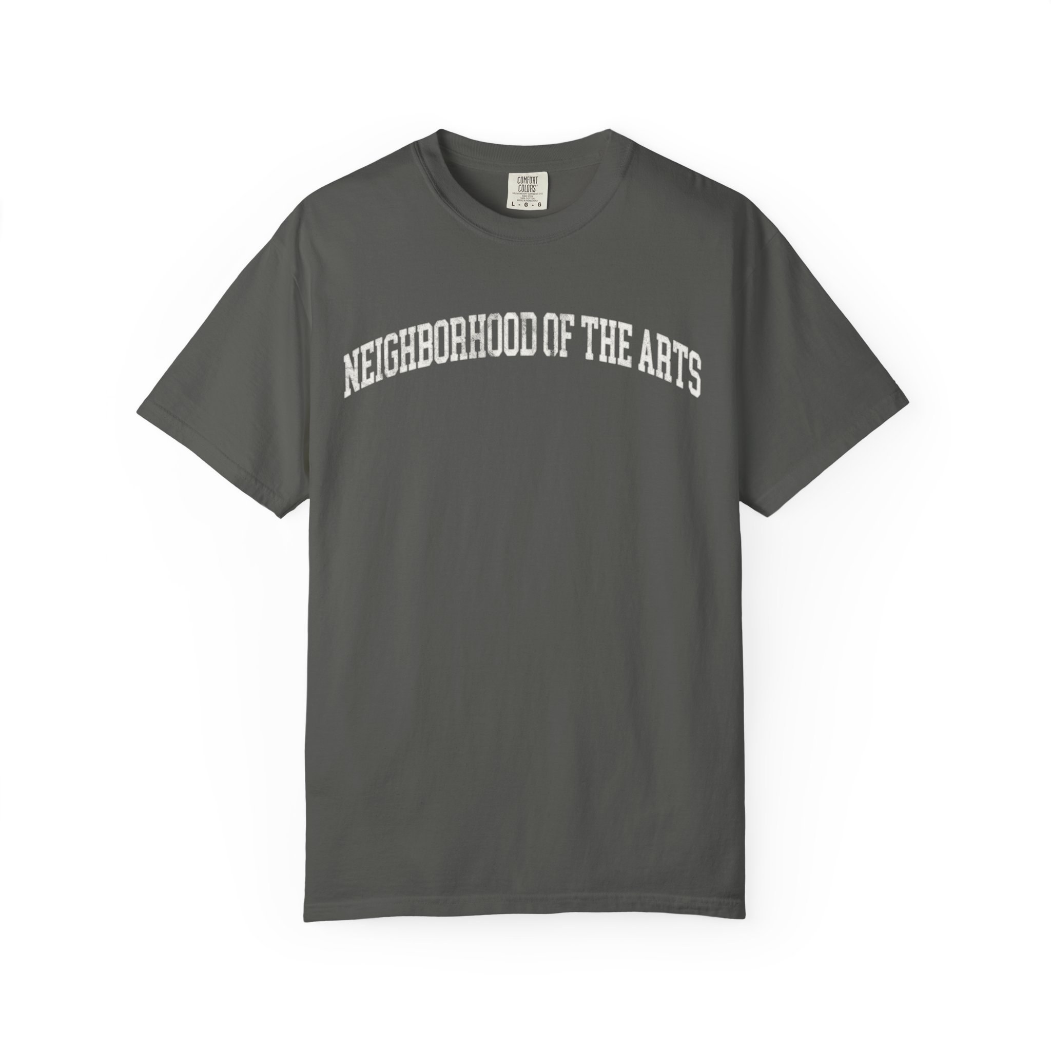 Neighborhood of the Arts Garment-Dyed Tee in Concrete, front — NEIGHBORHOOD OF THE ARTS lettering
