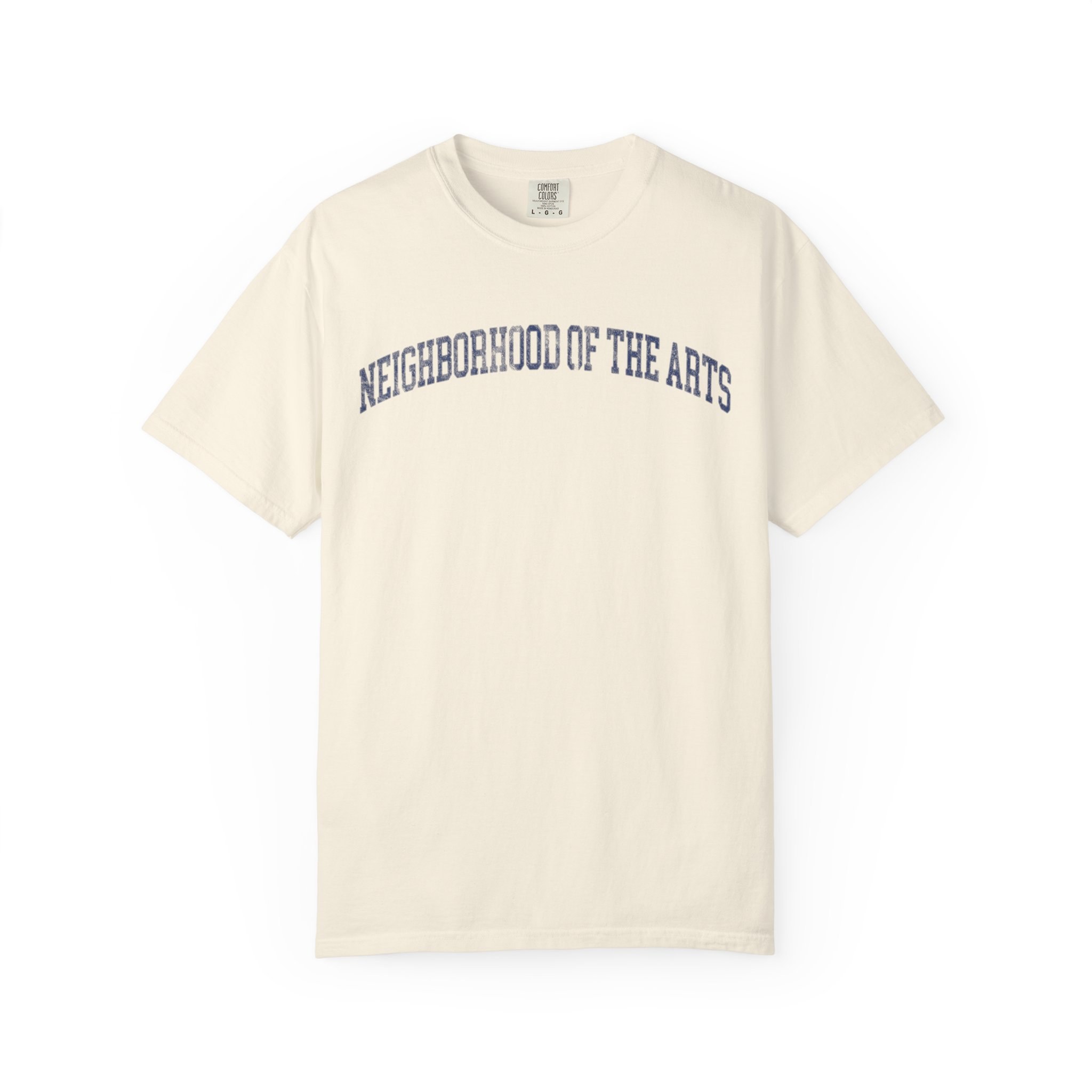 Neighborhood of the Arts Garment-Dyed Tee in Crème Fraîche, front — NEIGHBORHOOD OF THE ARTS lettering
