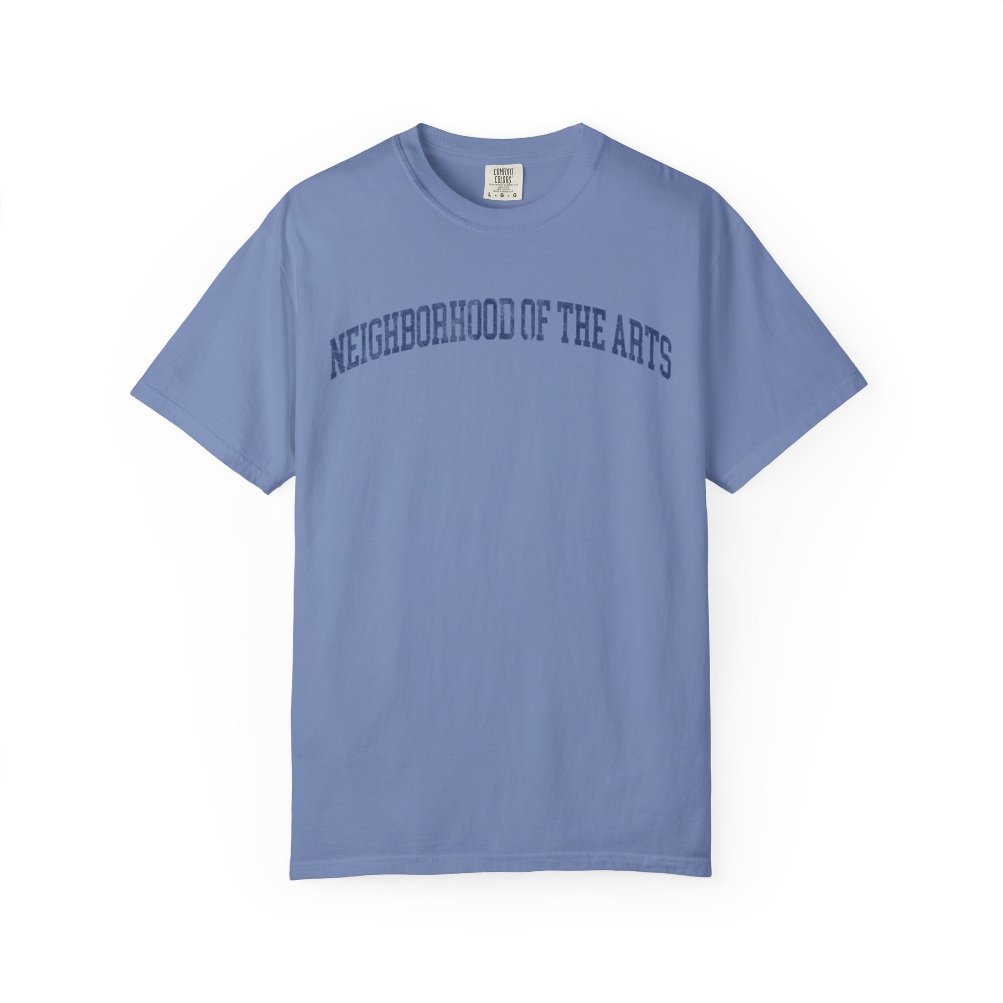 Neighborhood of the Arts Garment-Dyed Tee in Faded Predawn, front — NEIGHBORHOOD OF THE ARTS lettering