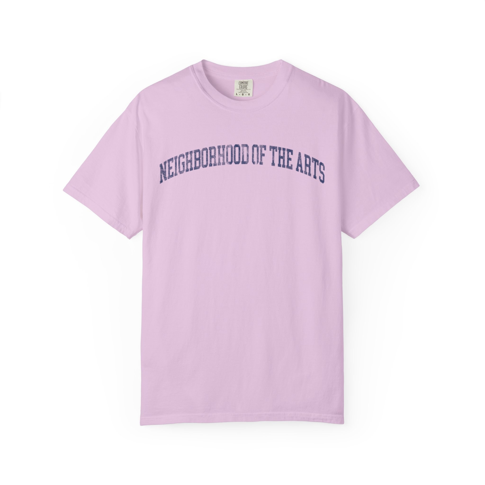Neighborhood of the Arts Garment-Dyed Tee in Lilac Szn, front — NEIGHBORHOOD OF THE ARTS lettering