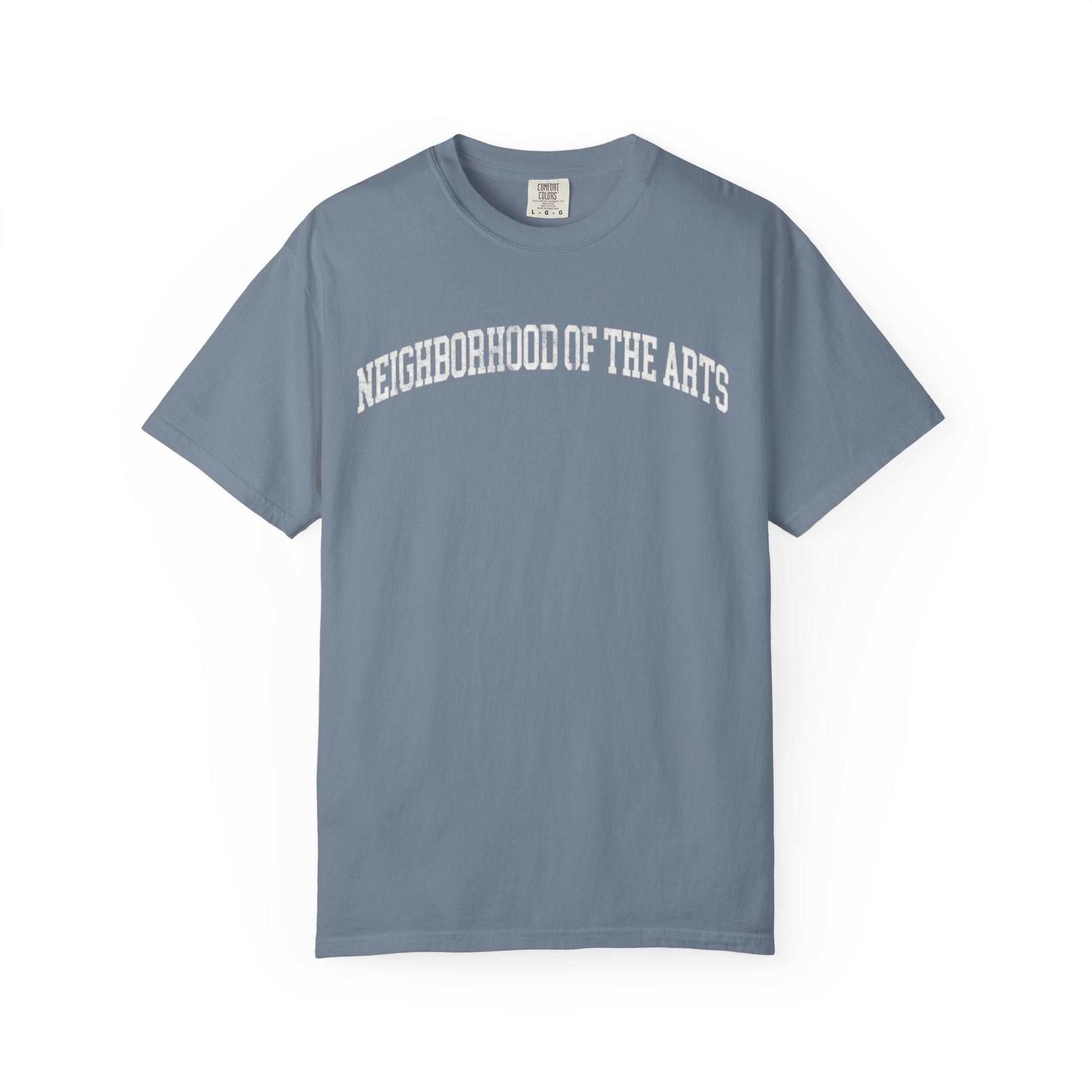 Neighborhood of the Arts Garment-Dyed Tee in Samantha Blue, front — NEIGHBORHOOD OF THE ARTS lettering