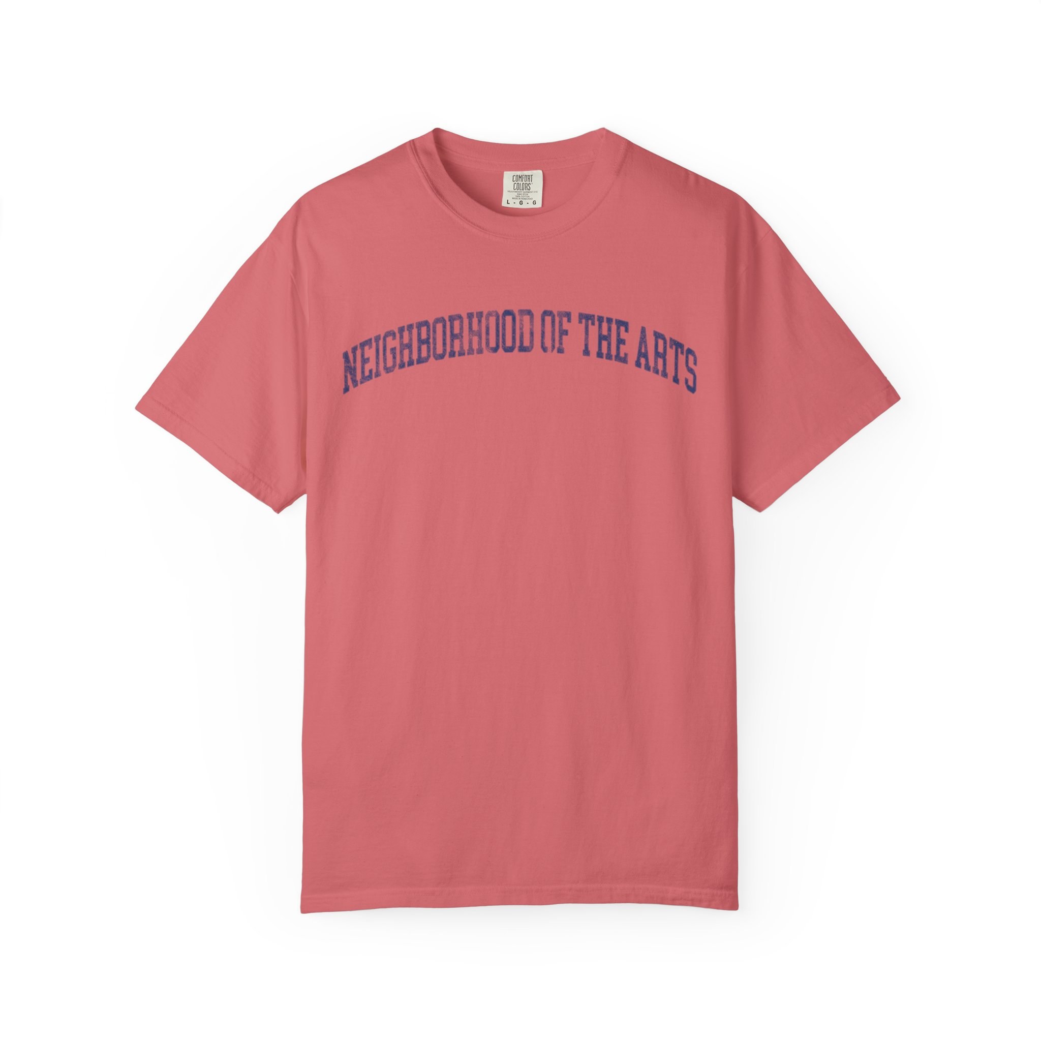 Neighborhood of the Arts Garment-Dyed Tee in Strawberry Cloud, front — NEIGHBORHOOD OF THE ARTS lettering