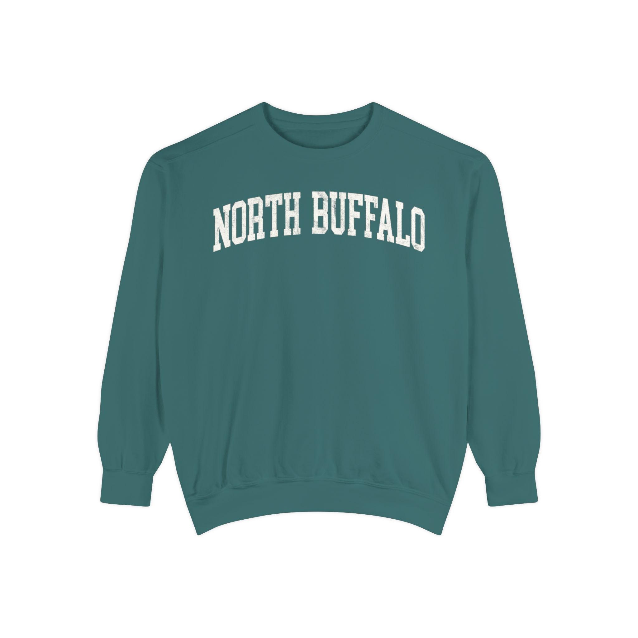 North Buffalo Garment-Dyed Crewneck in Blue Spruce, front — NORTH BUFFALO lettering