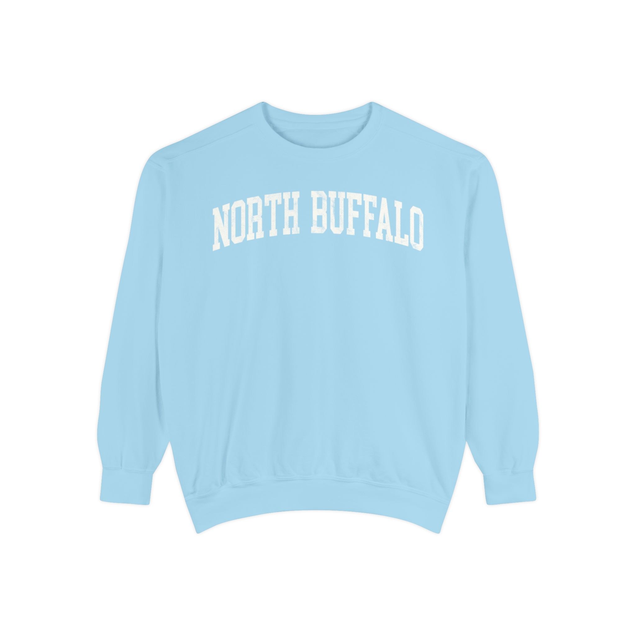 North Buffalo Garment-Dyed Crewneck in Blueberry Milk, front — NORTH BUFFALO lettering