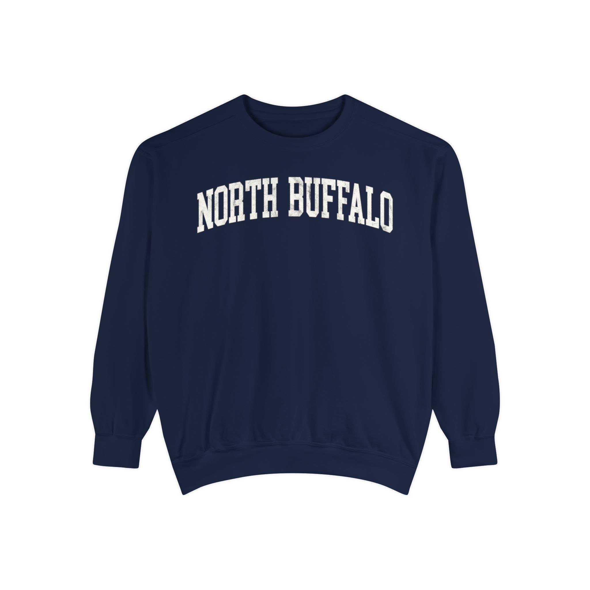 North Buffalo Garment-Dyed Crewneck in Boathouse Blue, front — NORTH BUFFALO lettering