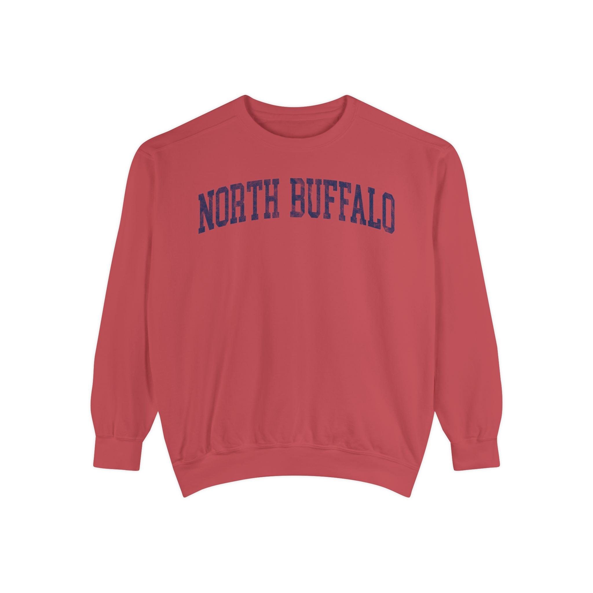 North Buffalo Garment-Dyed Crewneck in Collegiate Crimson, front — NORTH BUFFALO lettering